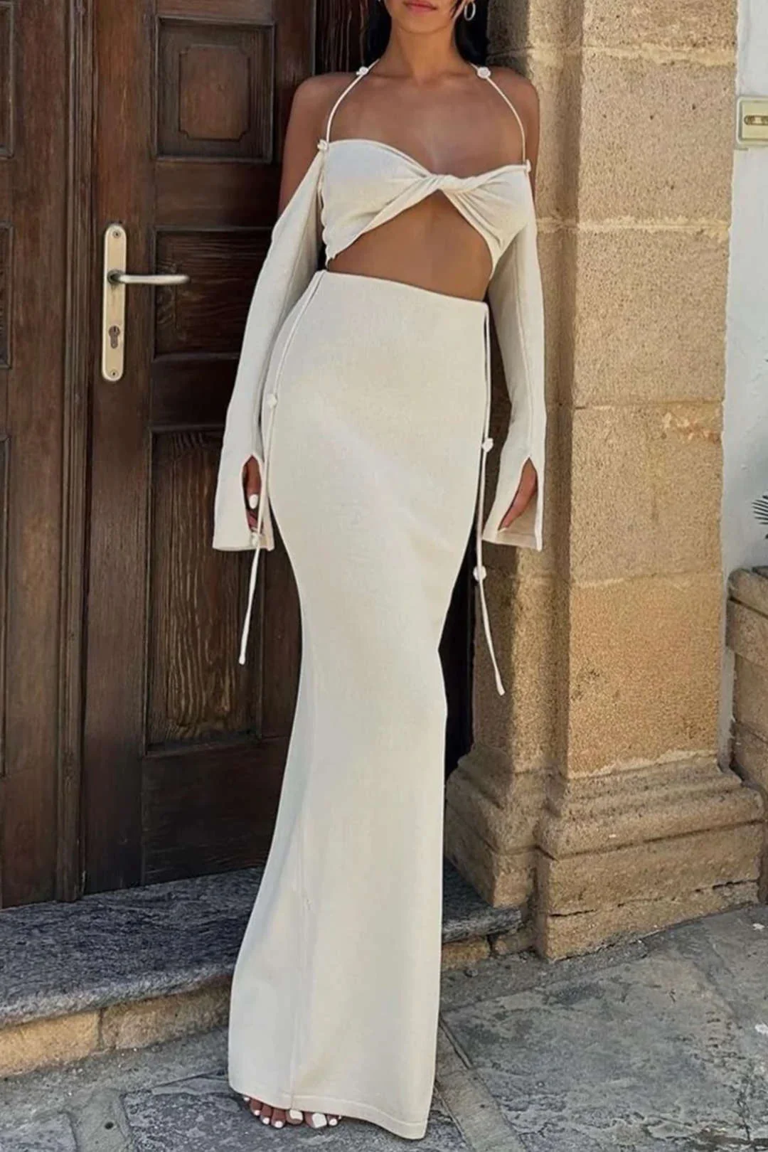 Twist Tie Halter Long Sleeve Bra Top and Maxi Skirt Outfit Set