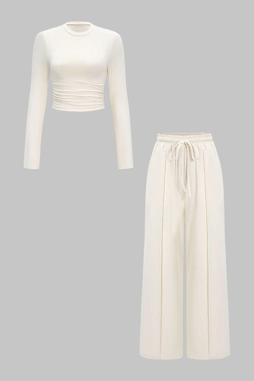 Ruched Long Sleeve Top and Tie-up High Waist Wide Leg Trousers Outfit Set