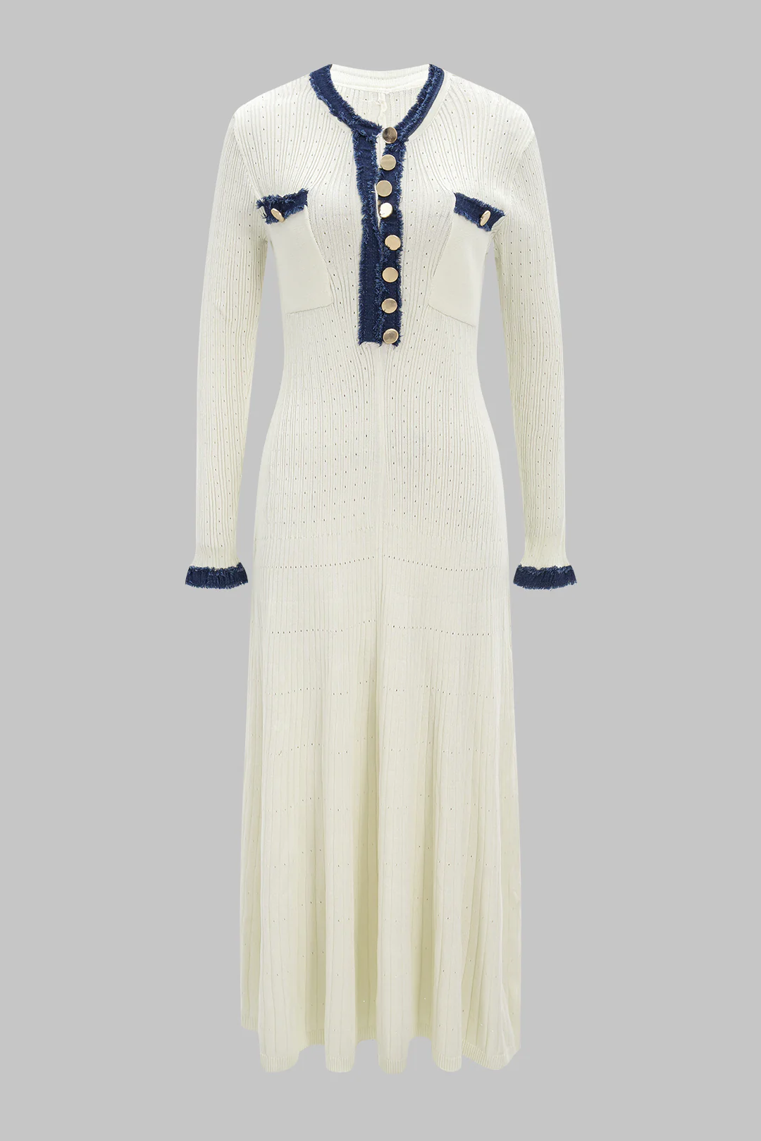 Knit Button Patchwork Denim Frayed Long Sleeve Dress