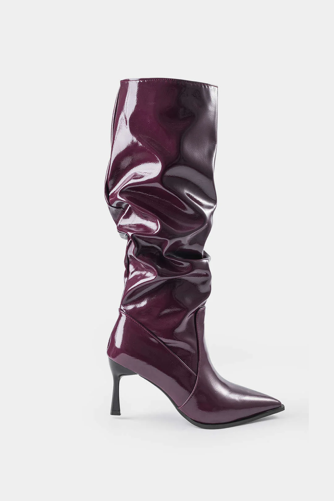 Faux Leather Ruched Pointed Toe Knee-High Boots