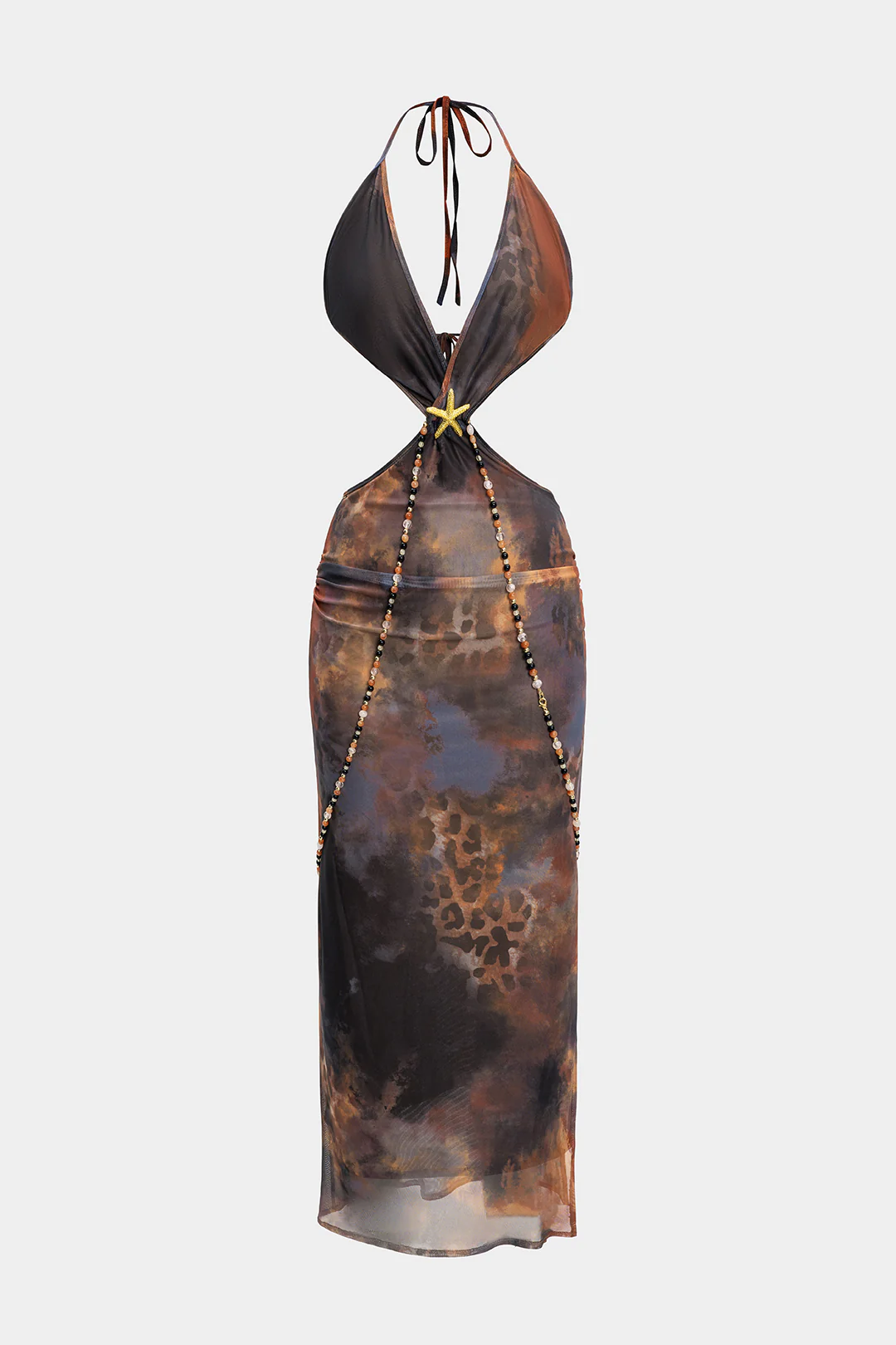 Mesh Tie Dye Print Metallic Decor Beaded V-Neck Halter Backless Cut Out Sleeveless Maxi Dress