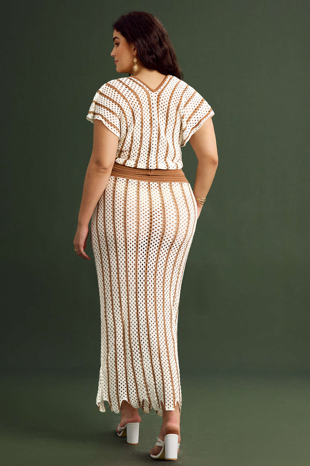 Plus Size Knitted Striped Print Tie-Up Fringe Short-Sleeve Top