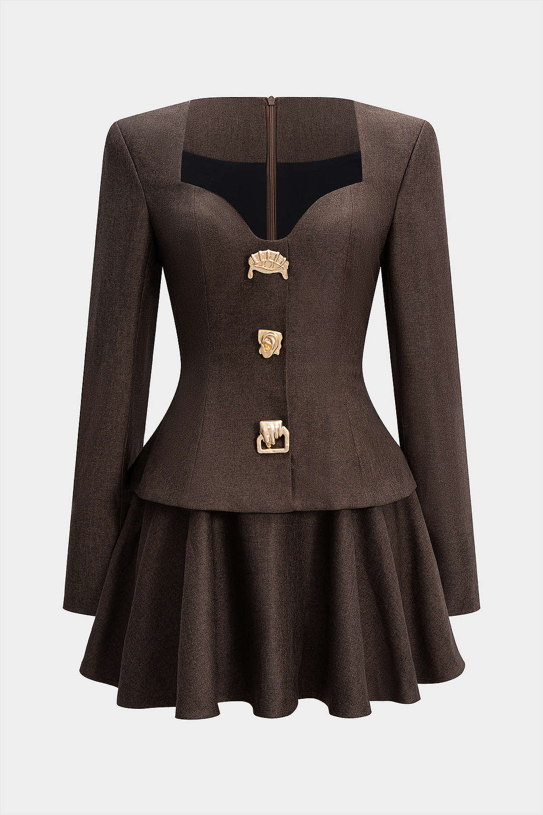 Metallic Ruched Zipper Shoulder Pads Long Sleeve Mini Dress