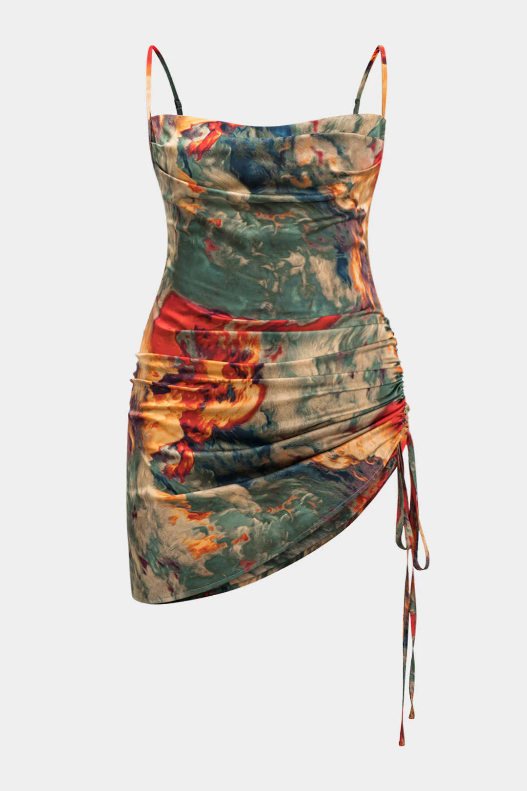 Plus Size Satin Watercolor Print Drawstring Ruched Slip Sleeveless Mini Dress