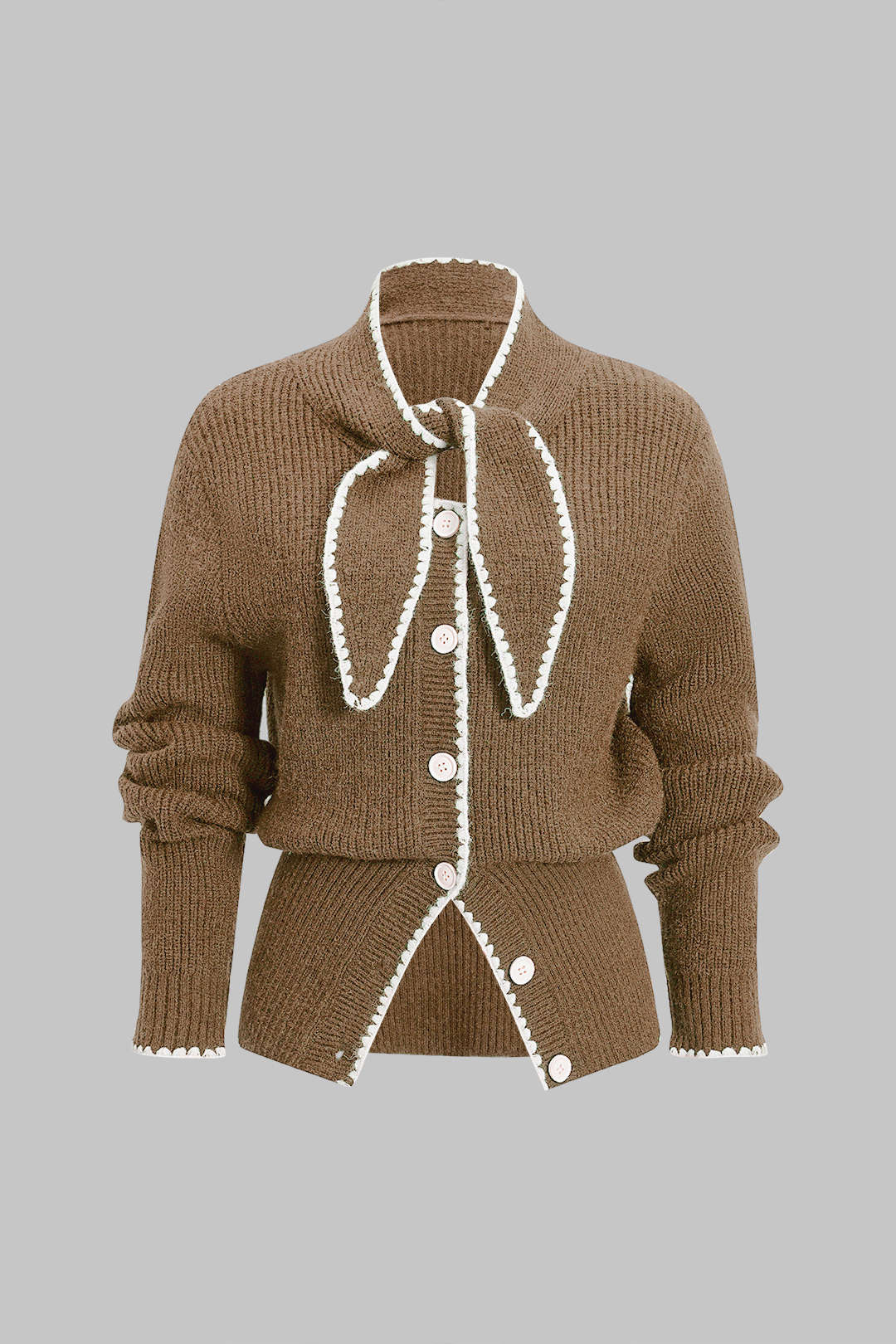 Knit Contrast Button Tie-Up Cardigan