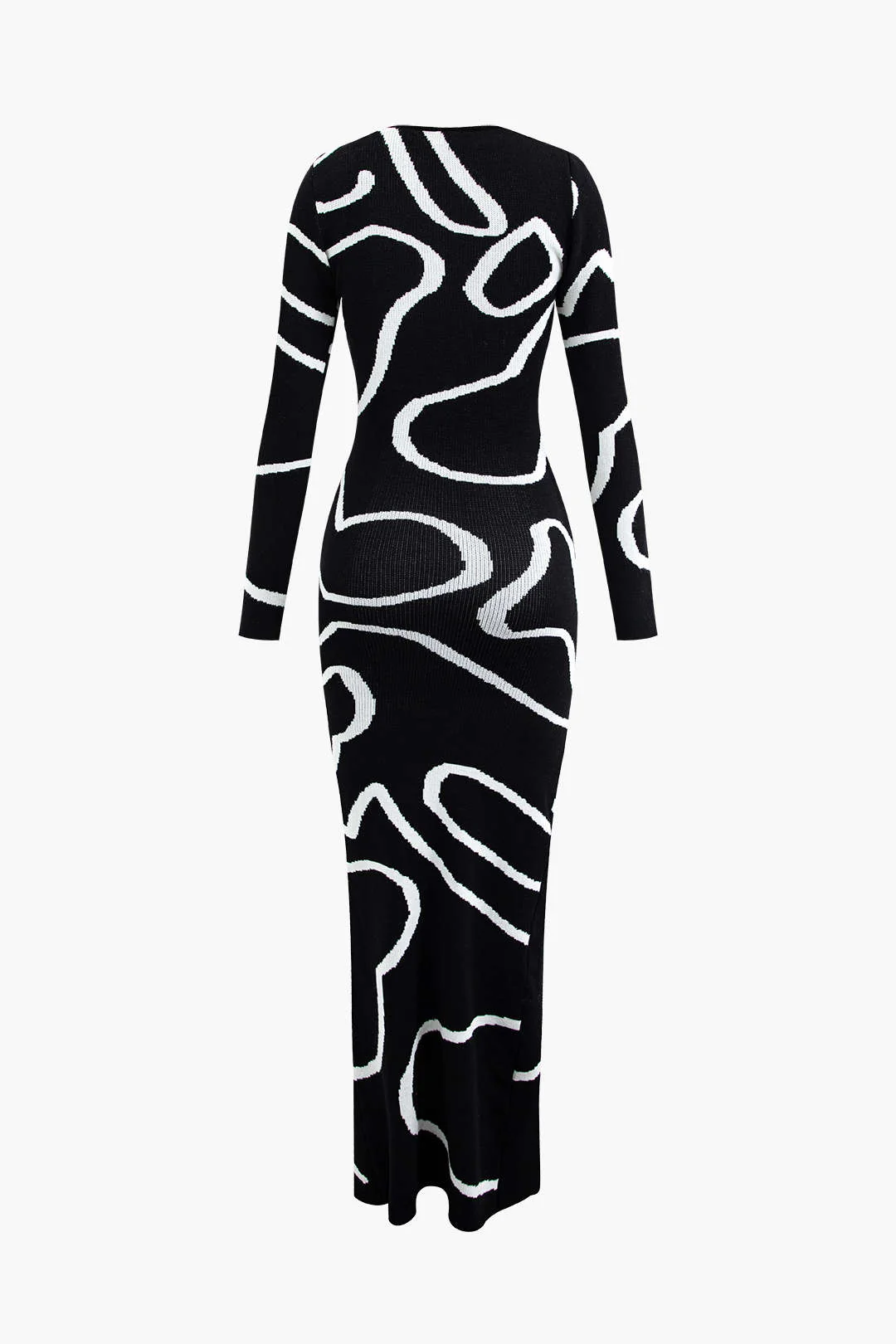 Line Pattern Cut-Out Slit Knit Maxi Dress