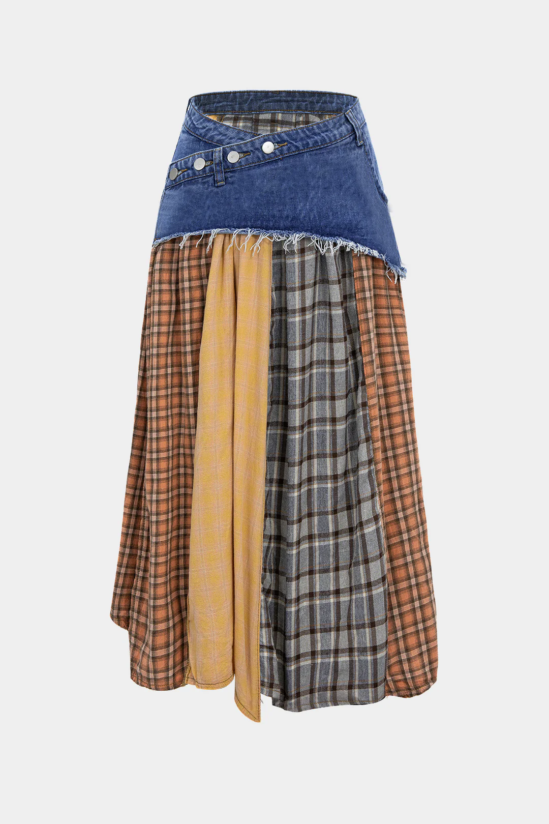 Color Block Plaid Print Denim Patchwork Asymmetrical Skirt