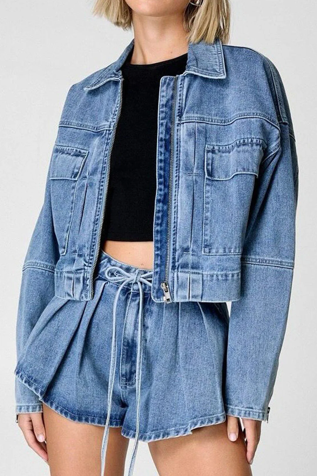 Denim Zipper Pocket Long-Sleeve Top And Tie-Up Jorts Set