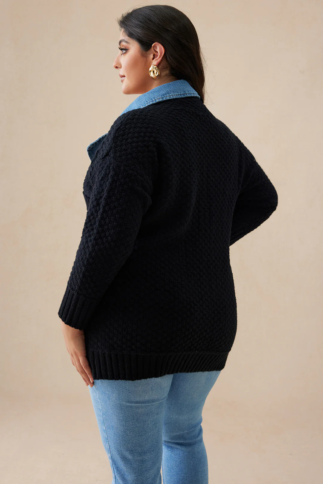 Plus Size Sweater Button Denim Patchwork Cardigan