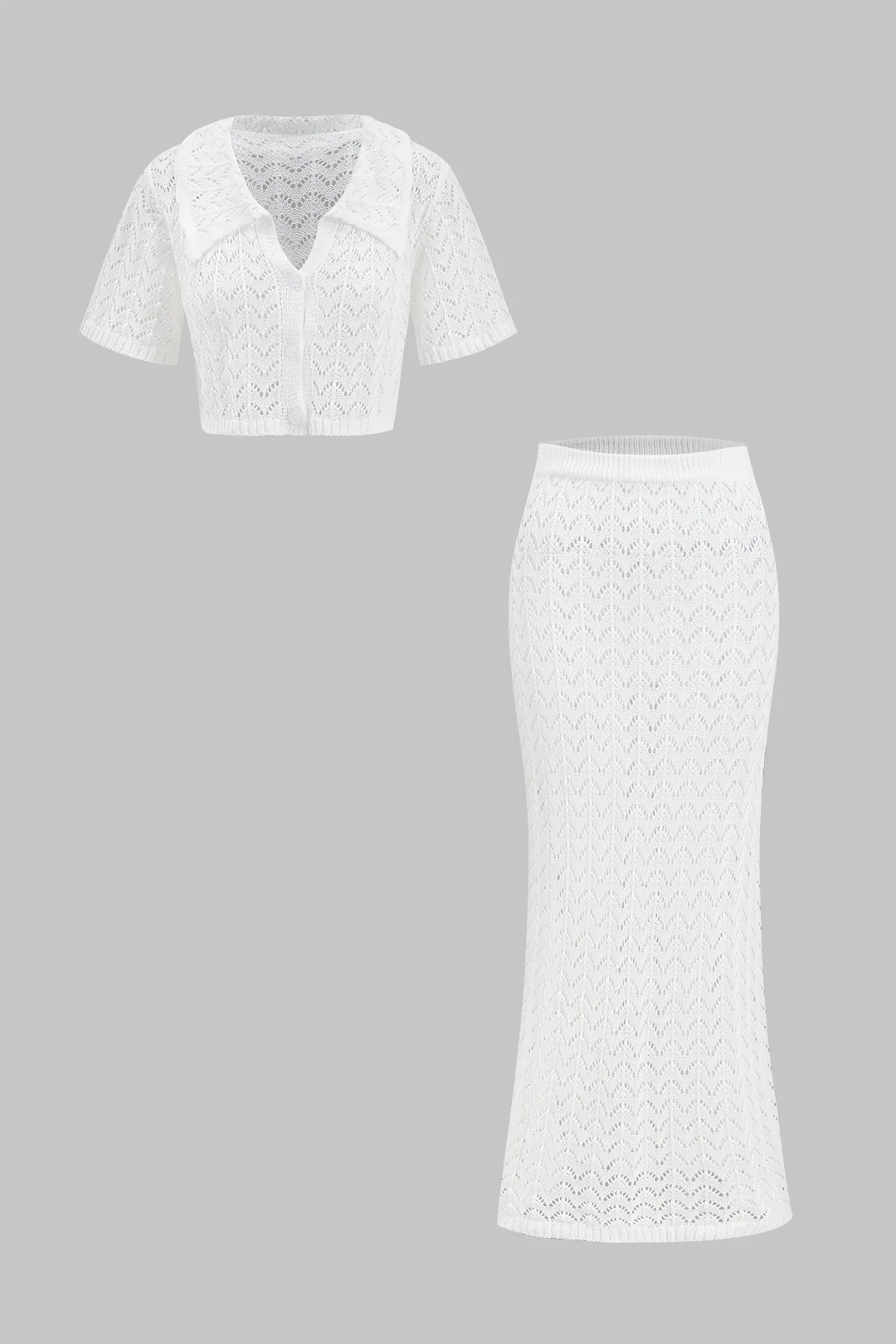 Knit Cut-Out Button Short-Sleeve Top and Skirt Set