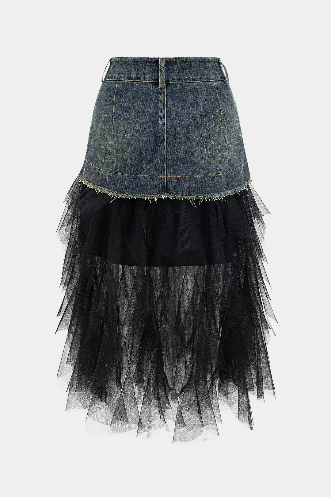 Denim Mesh Patchwork Button Pocket Skirt