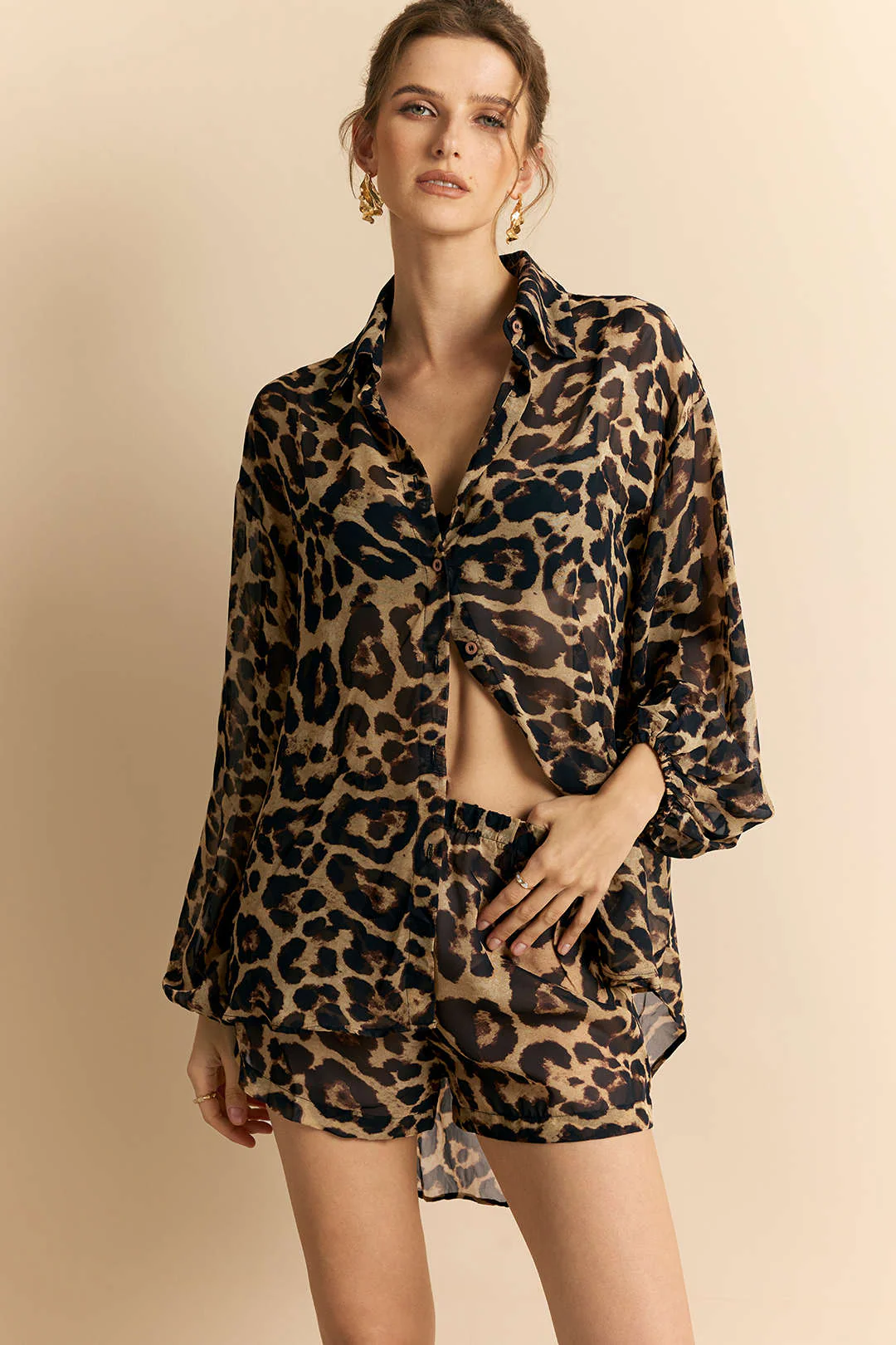 Leopard Print Chiffon Batwing Long Sleeve and Shorts Outfit Set