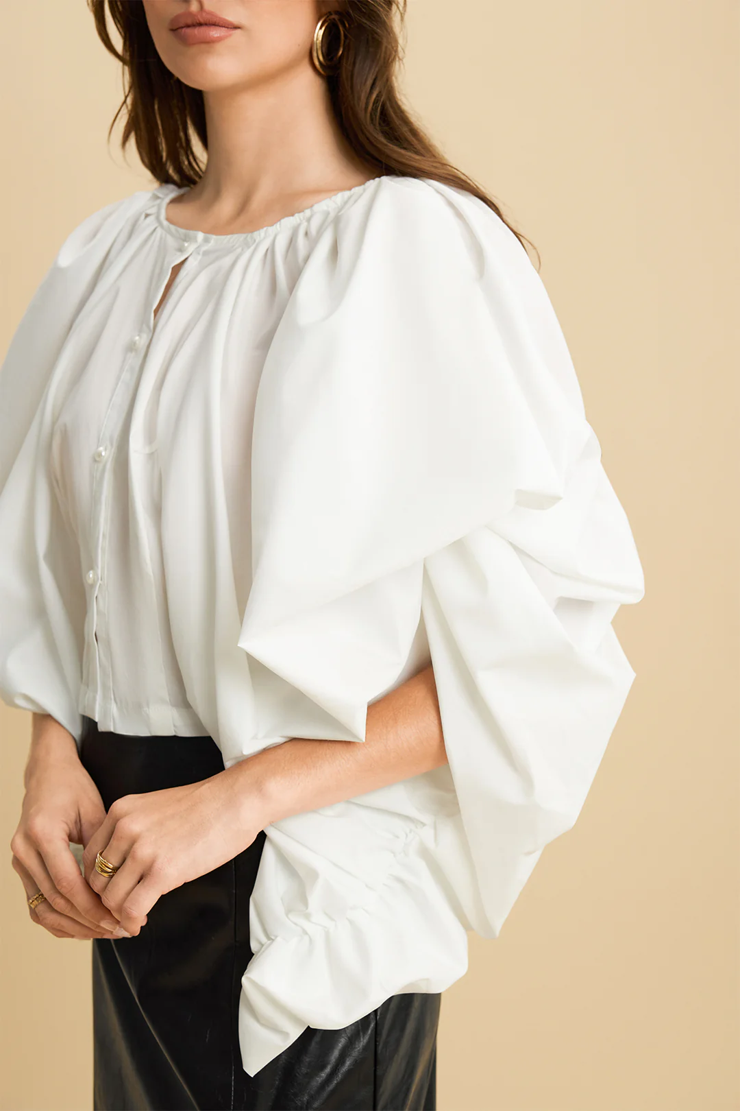 Button Ruched Short-Sleeve Shirt