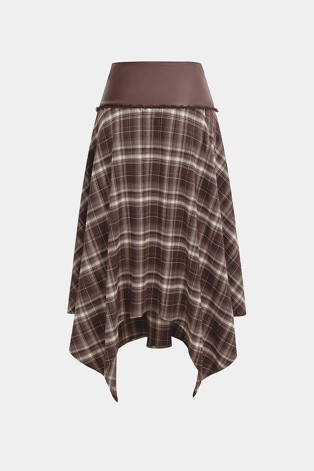 Plaid Print Faux Leather Patchwork Ruched Skirt