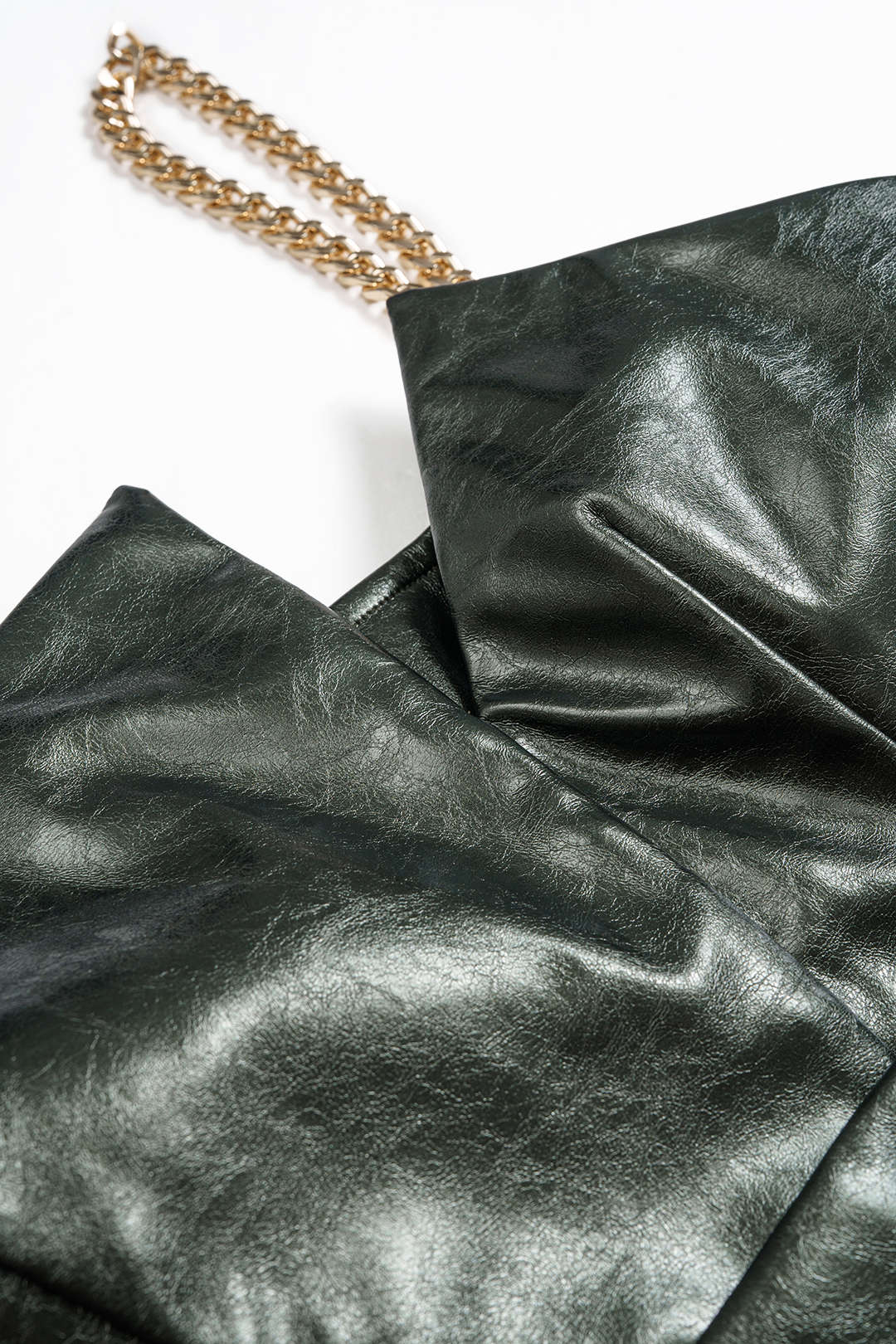 Faux Leather Zipper Ruched Metallic Chain Asymmetric Sleeveless Mini Dress