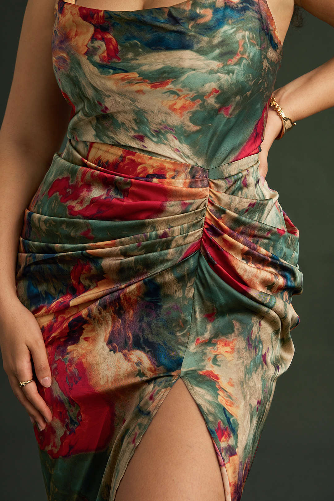 Plus Size Abstract Print Satin Zipper Cowl Neck Sleeveless Midi Dress