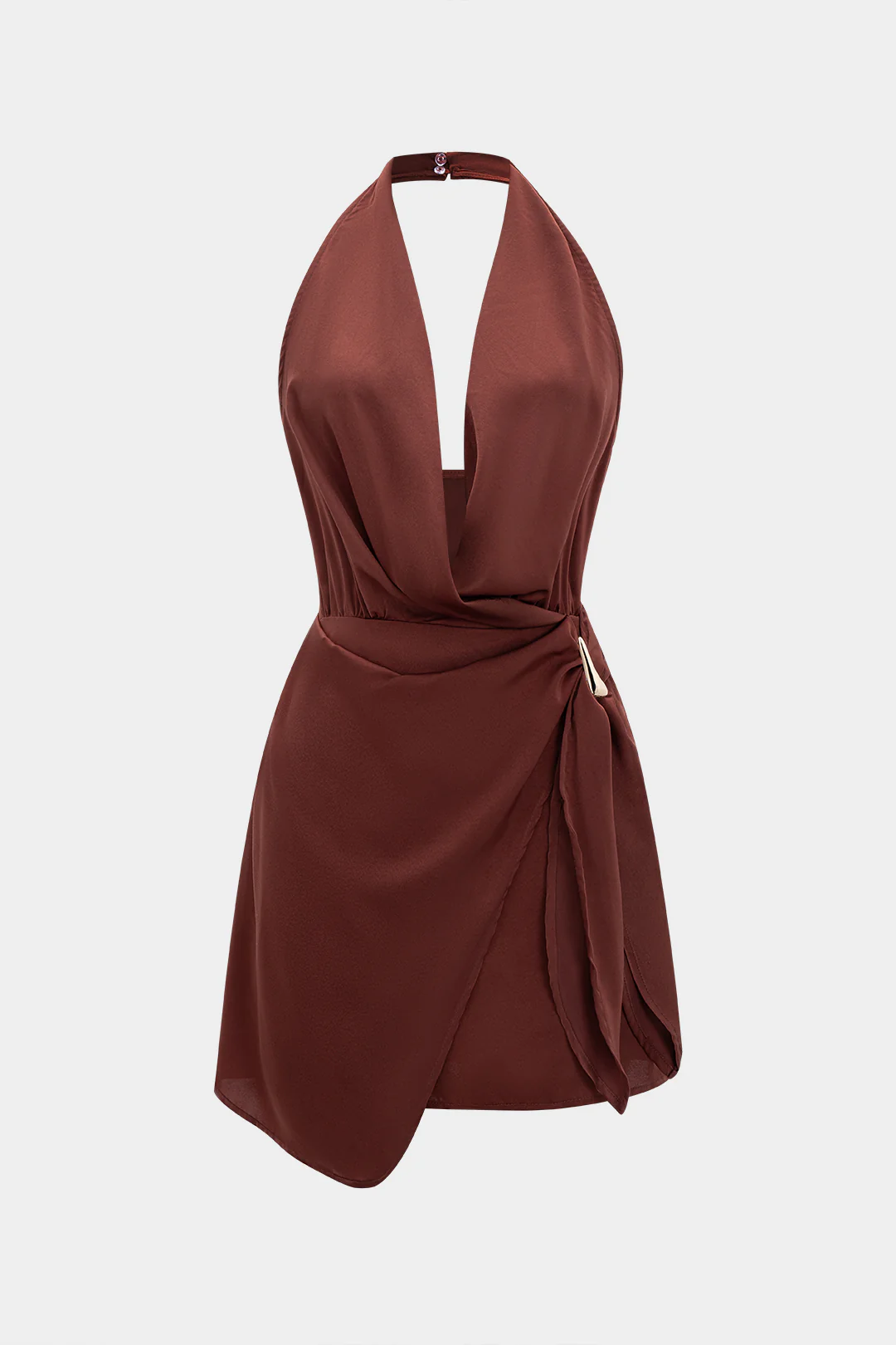 Satin Halter Neck Ruched Backless Sleeveless Mini Dress