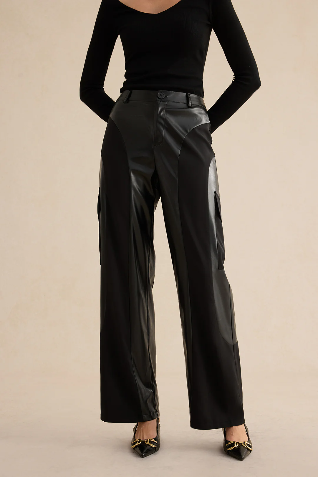 Artificial Leather Patchwork Trousers