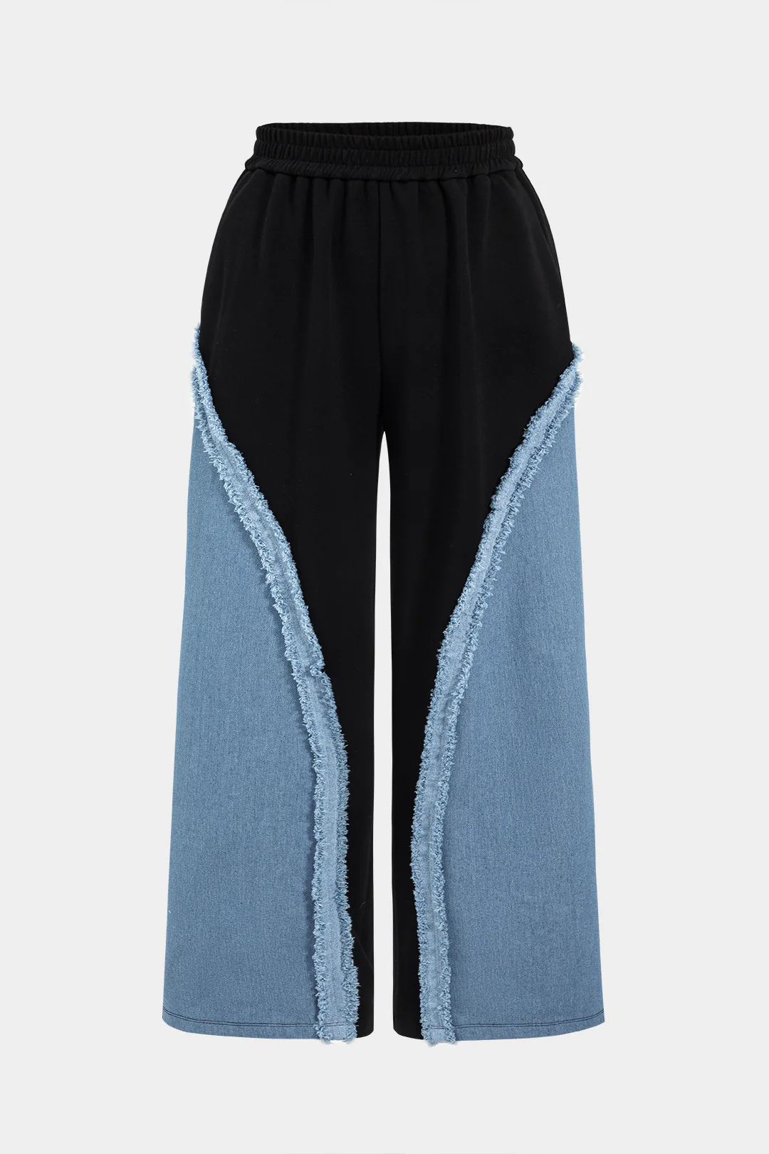 Plus Size Denim Patchwork Long-Sleeve Top And High Waist Wide Leg Trousers Set