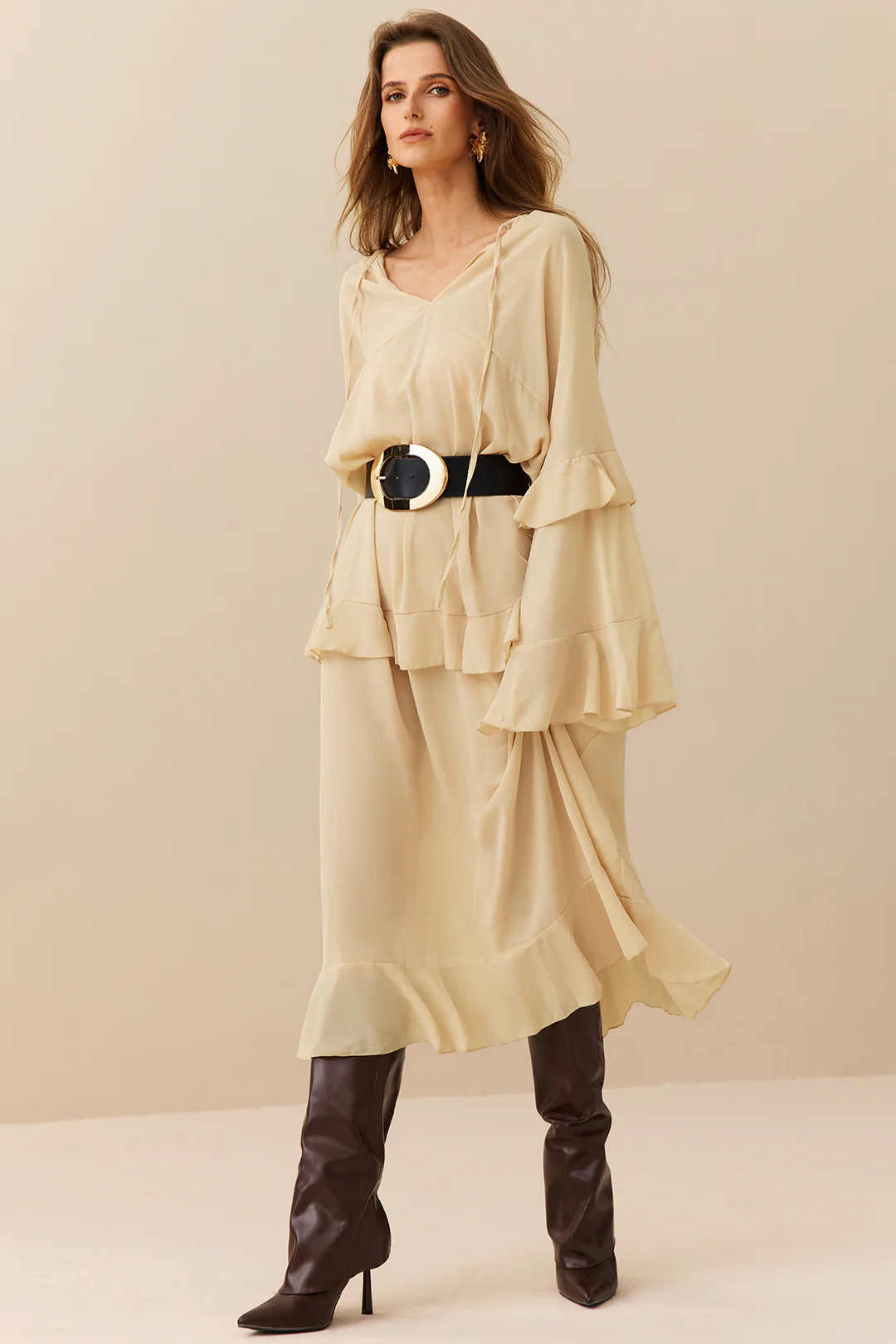 Chiffon Ruffled Bell - Sleeve V - Neck Maxi Dress
