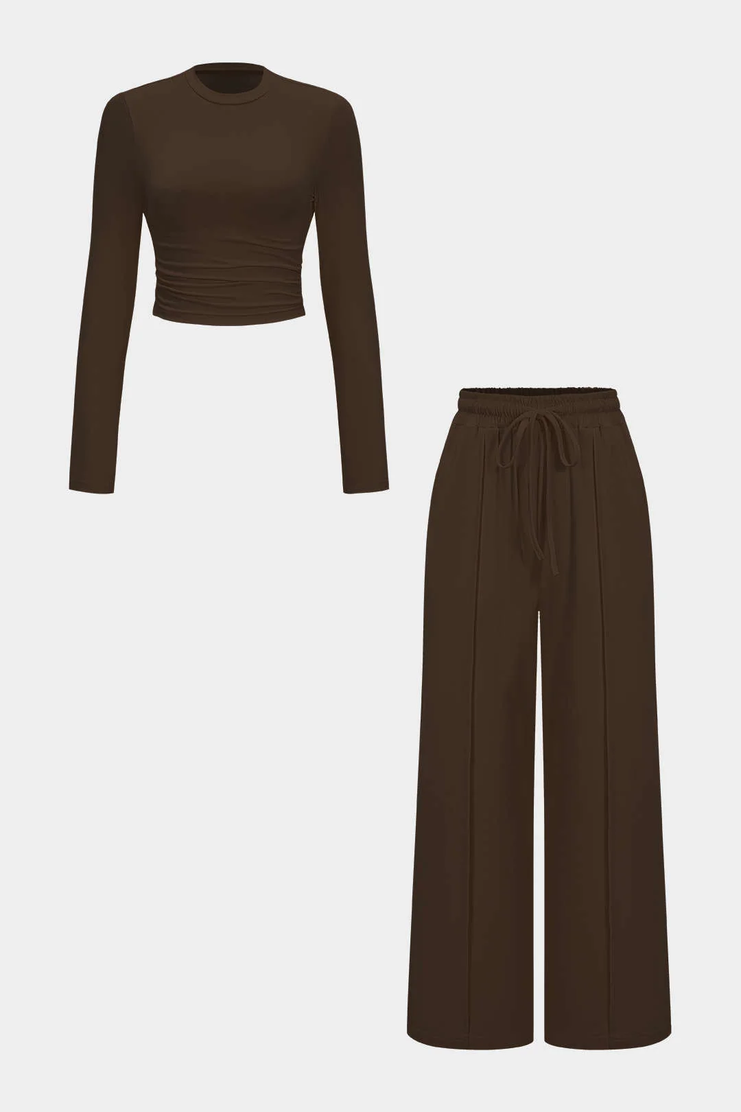 Ruched Long Sleeve Top and Tie-up High Waist Wide Leg Trousers Outfit Set