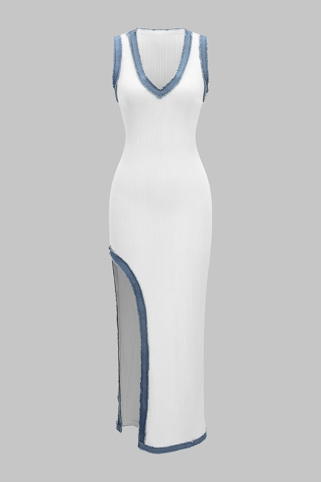 Denim Patchwork Asymmetric Slip Sleeveless Maxi Dress