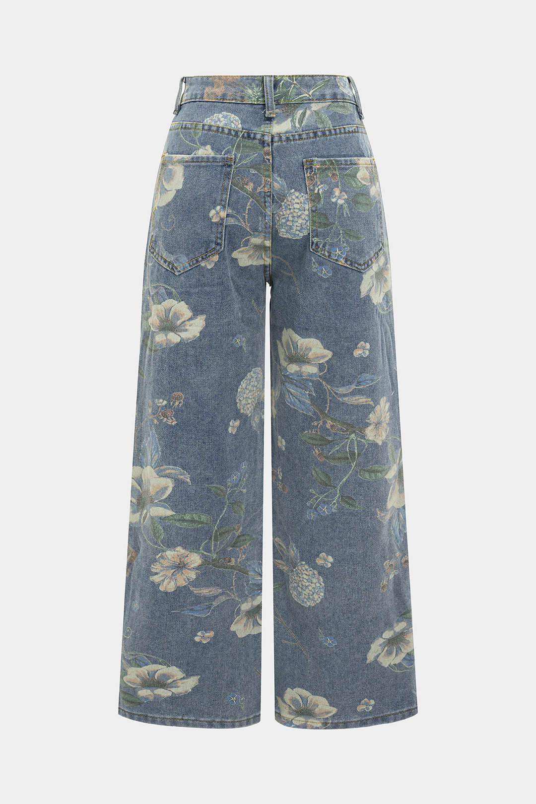 Retro Floral Print Denim Button Pocket Wide Leg Jeans
