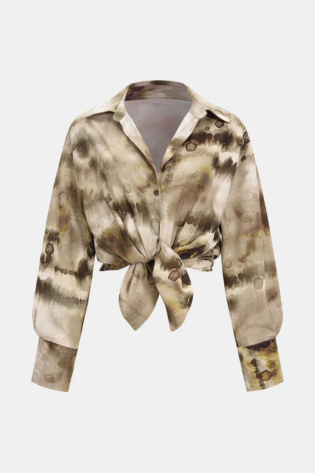 Tie Dye Print Satin Button Long-Sleeve Top