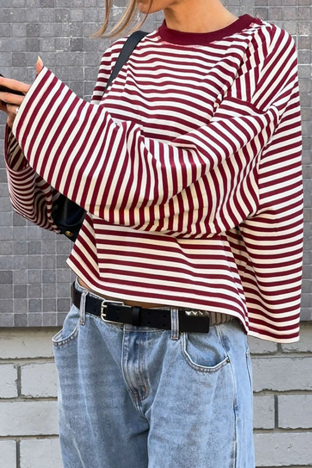 Contrast Striped Print Round Neck Long Sleeve Top