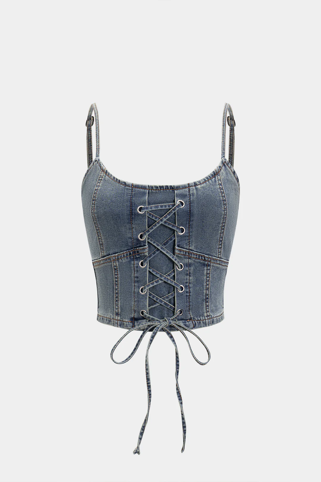 Denim Shirred Tie-Up Camisole Top