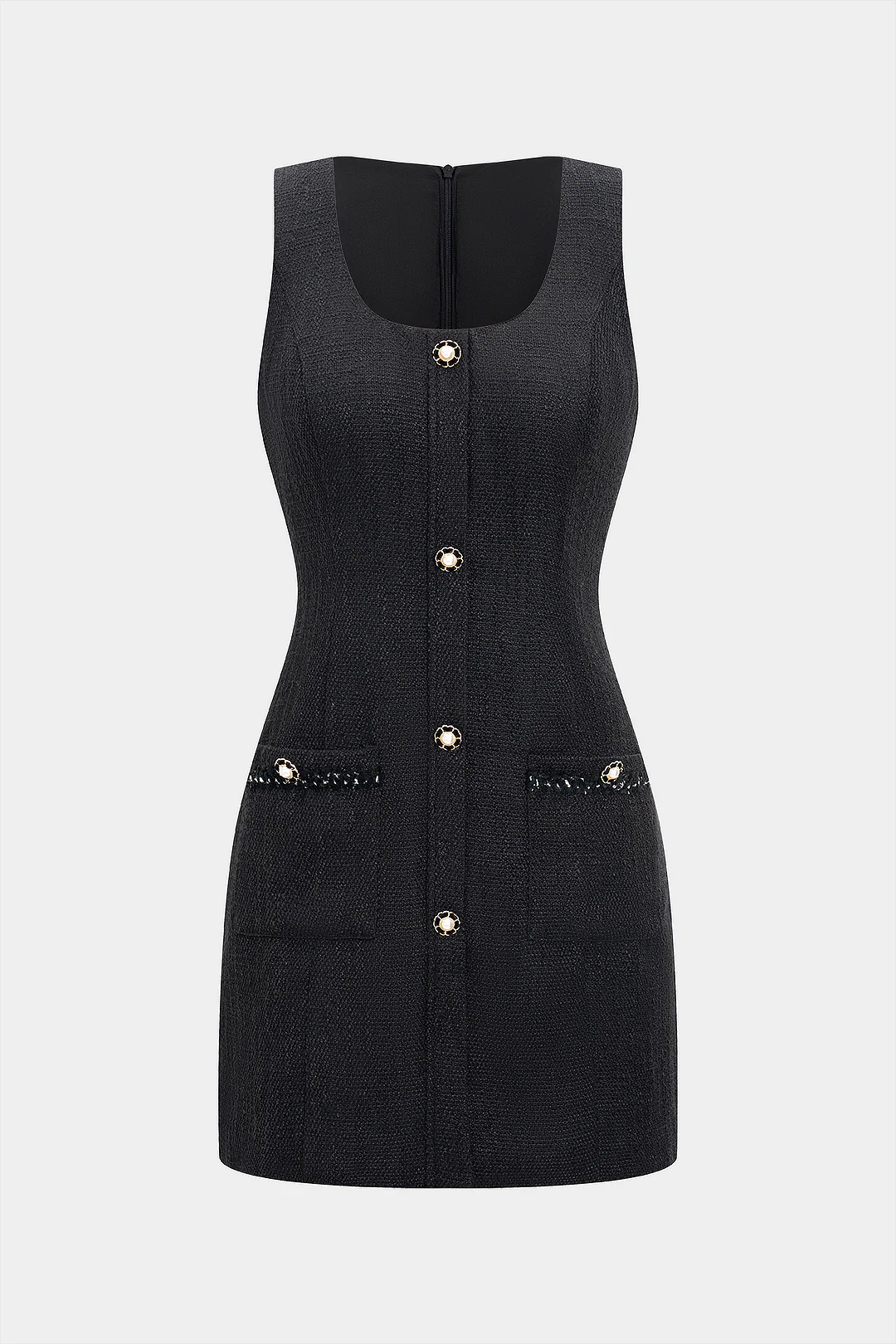 Texture Button Zipper Sleeveless Mini Dress
