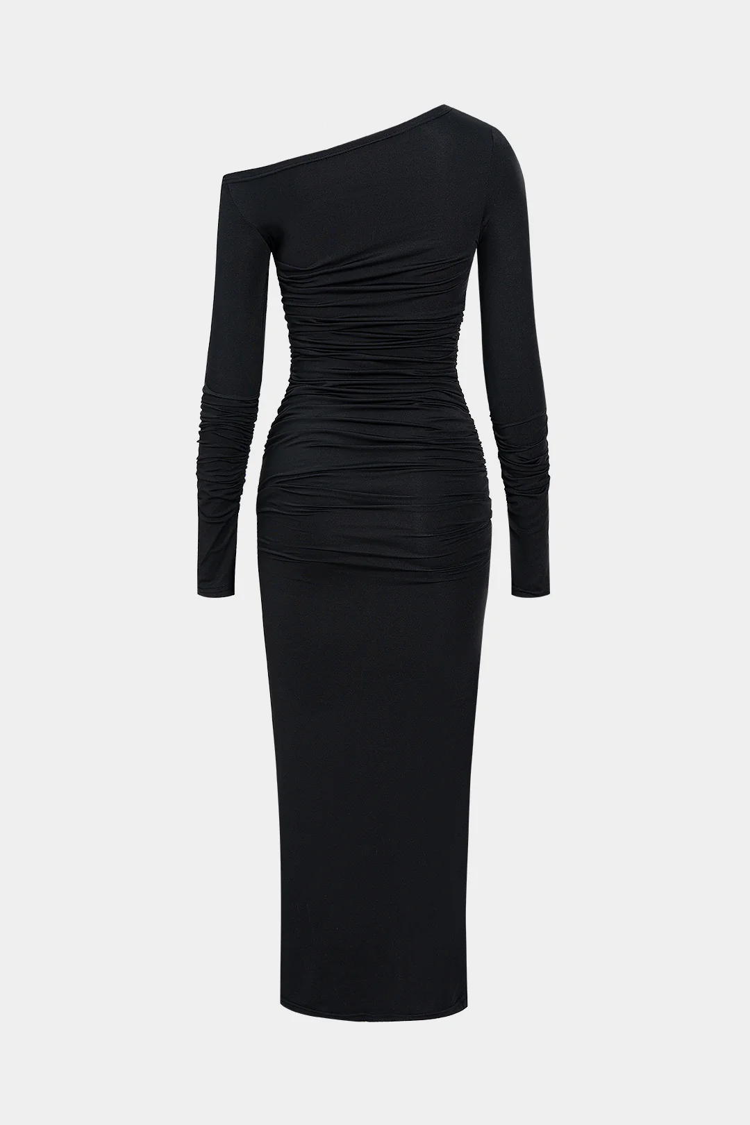 Asymmetrical Neck Ruched Long-Sleeve Maxi Dress