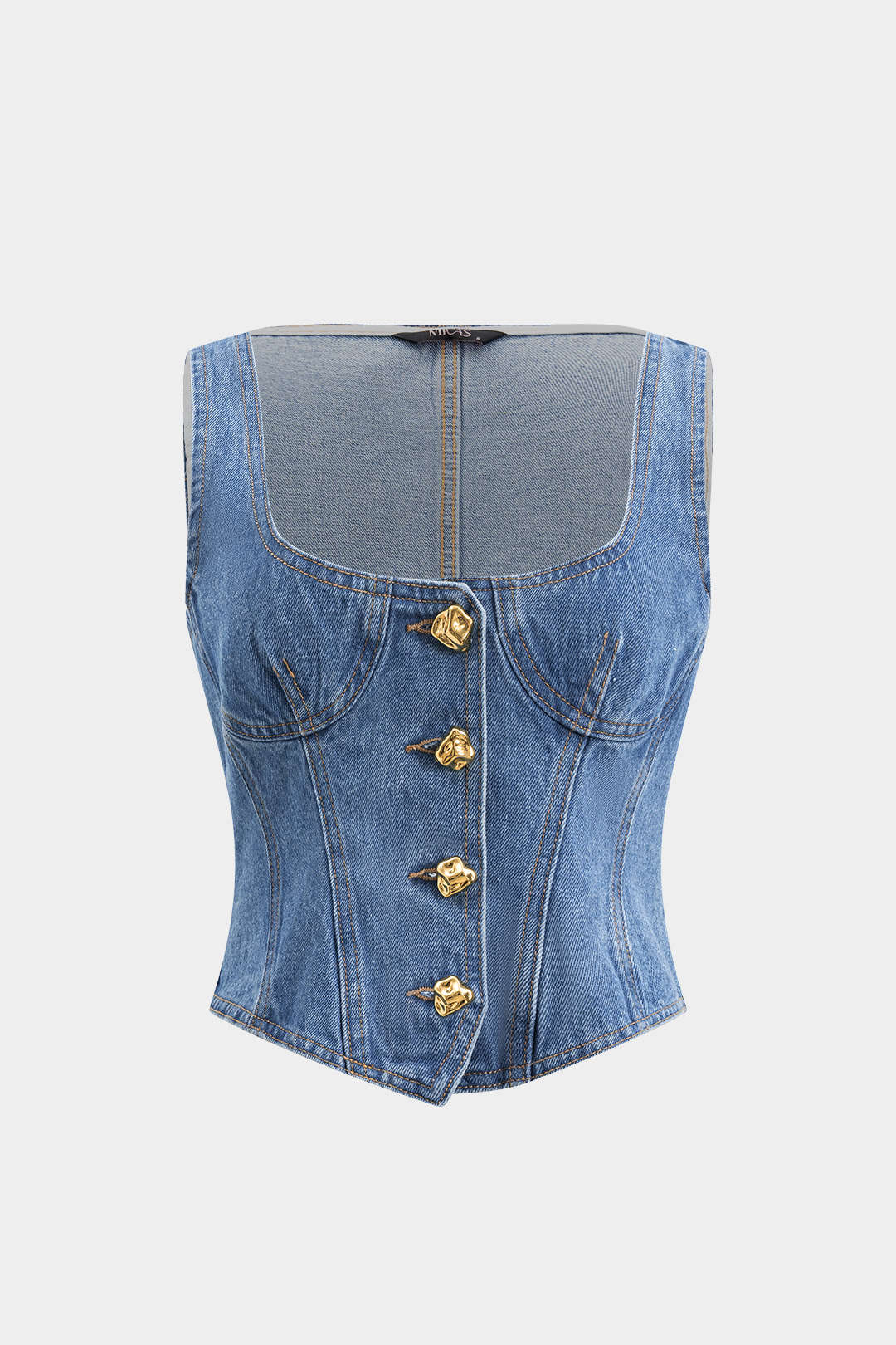 Denim Button Square Neck Crop Bustier Top