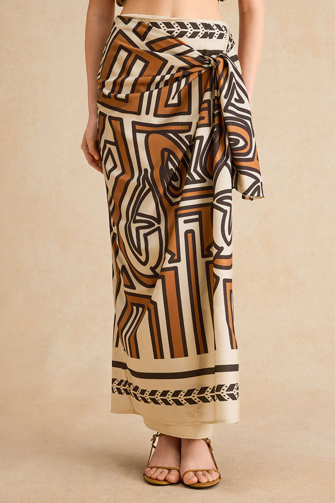 Abstract Geometric Print Ruched Tie-Front Twist Knot Zipper Skirt