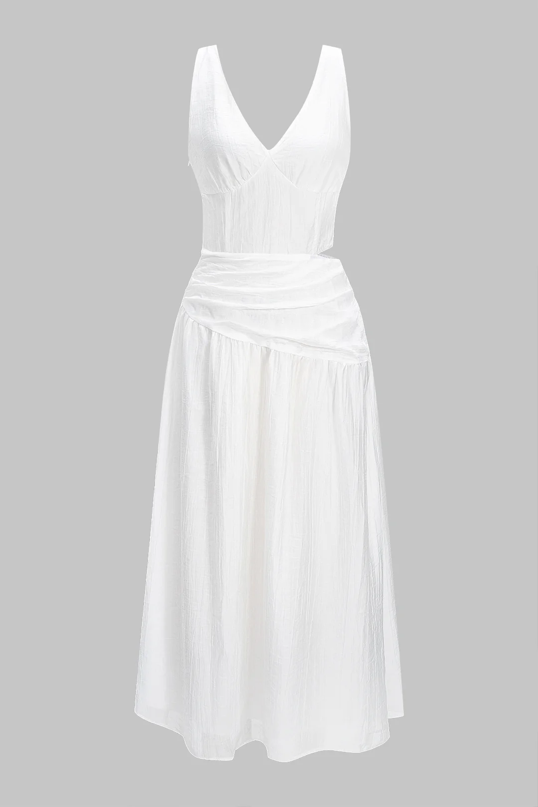 V-Neck Cut-Out Asymmetrical Ruched Sleeveless Midi Dress