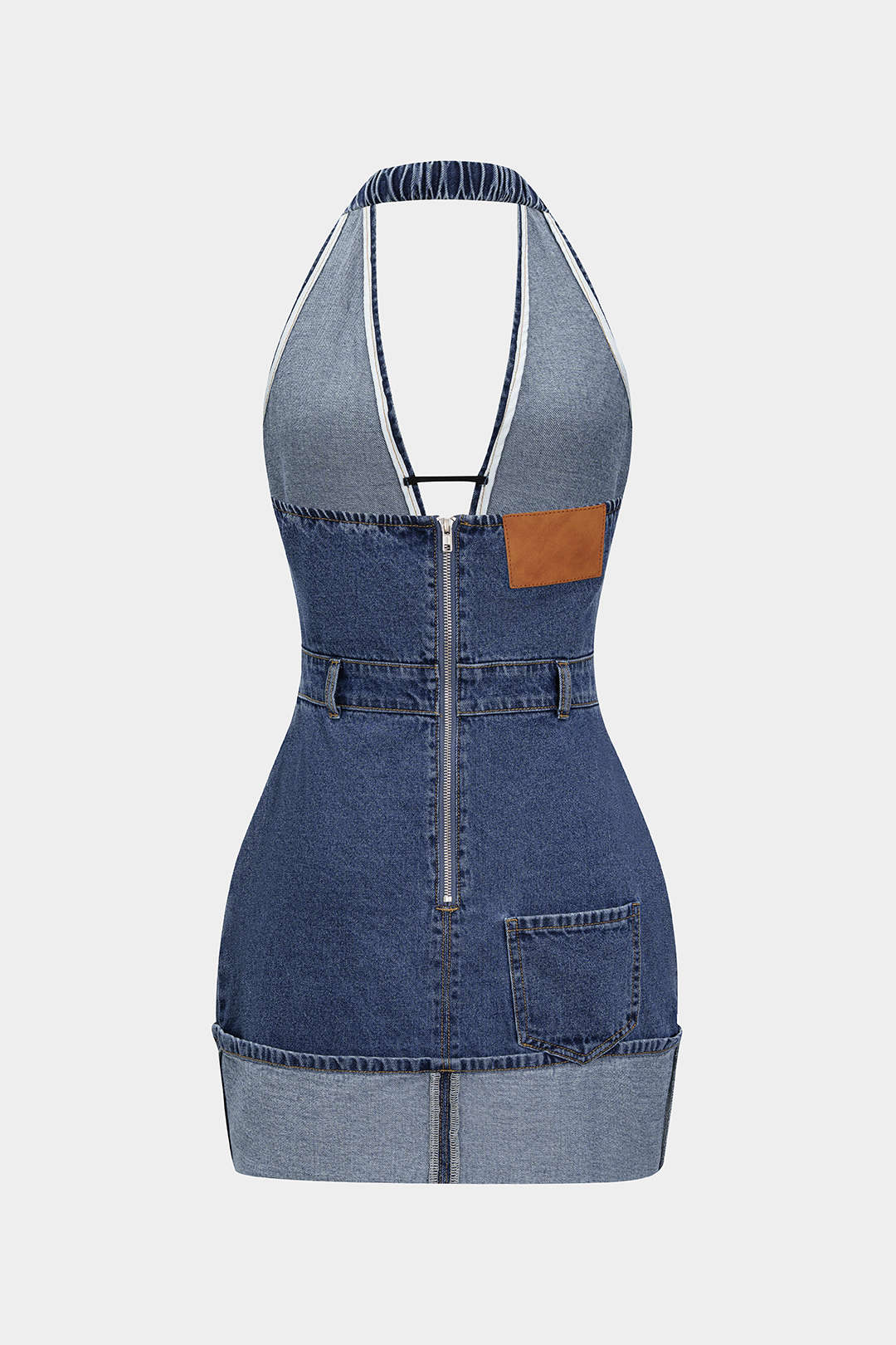 Washed Zipper Backless Denim Halter Mini Dress