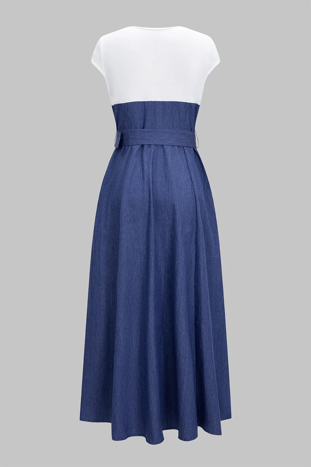 Denim Patchwork Pocket Button-Belted Short Sleeve Dress