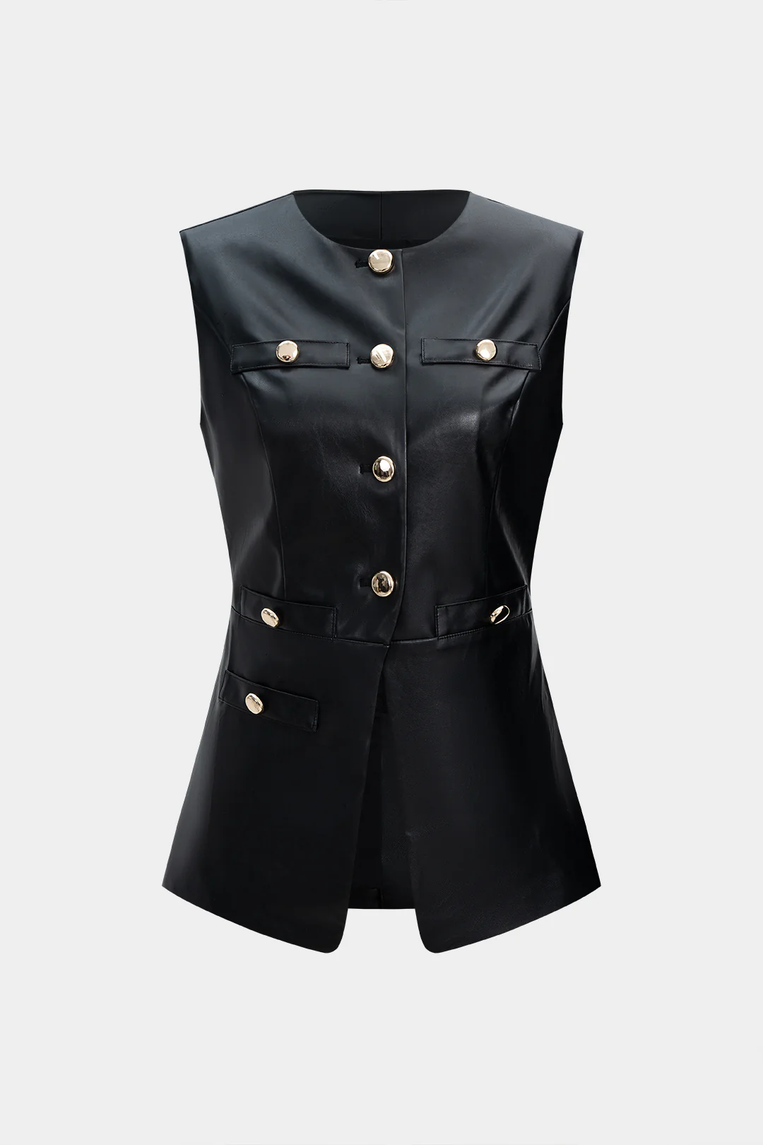 Faux Leather Metallic Button Round Neck Shoulder Pads Vest