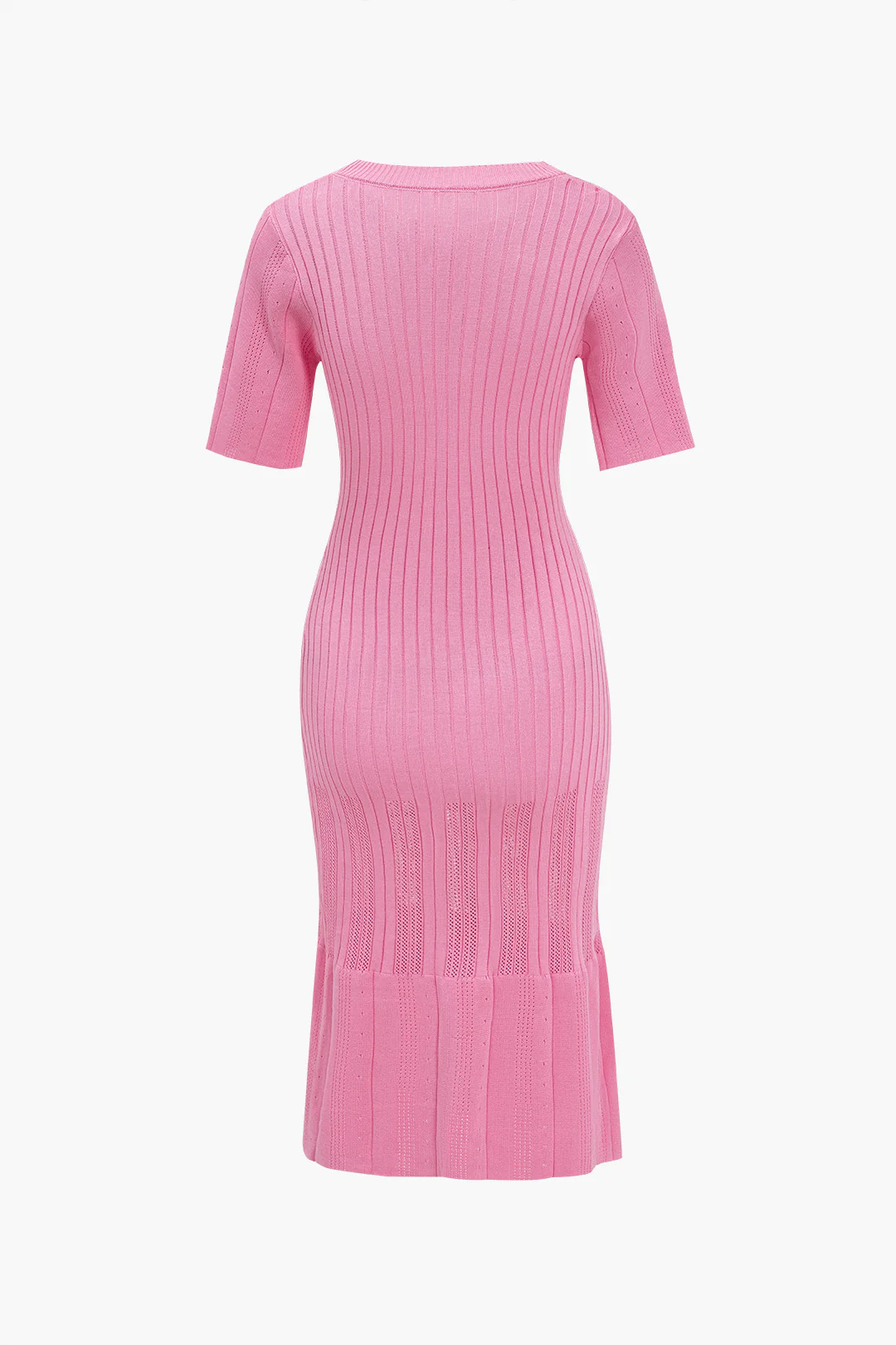 Solid Knitted Buttoned Round Neck Short Sleeve Dress