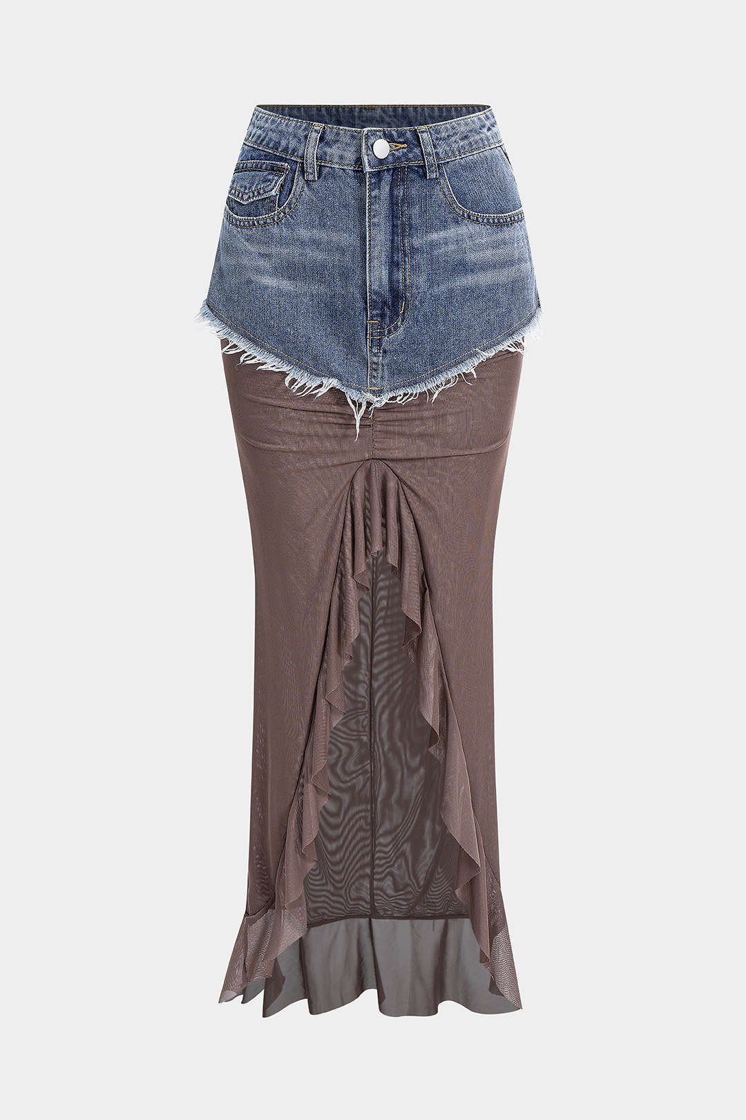 Denim Mesh Patchwork Frayed Ruched Ruffle Slit Skirt