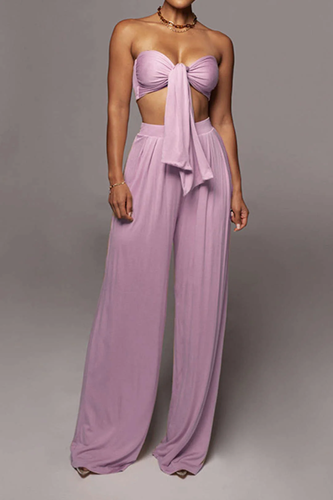 Tie Knot Front Ruched Tube Top and Pleated Wide-Leg Pants Set