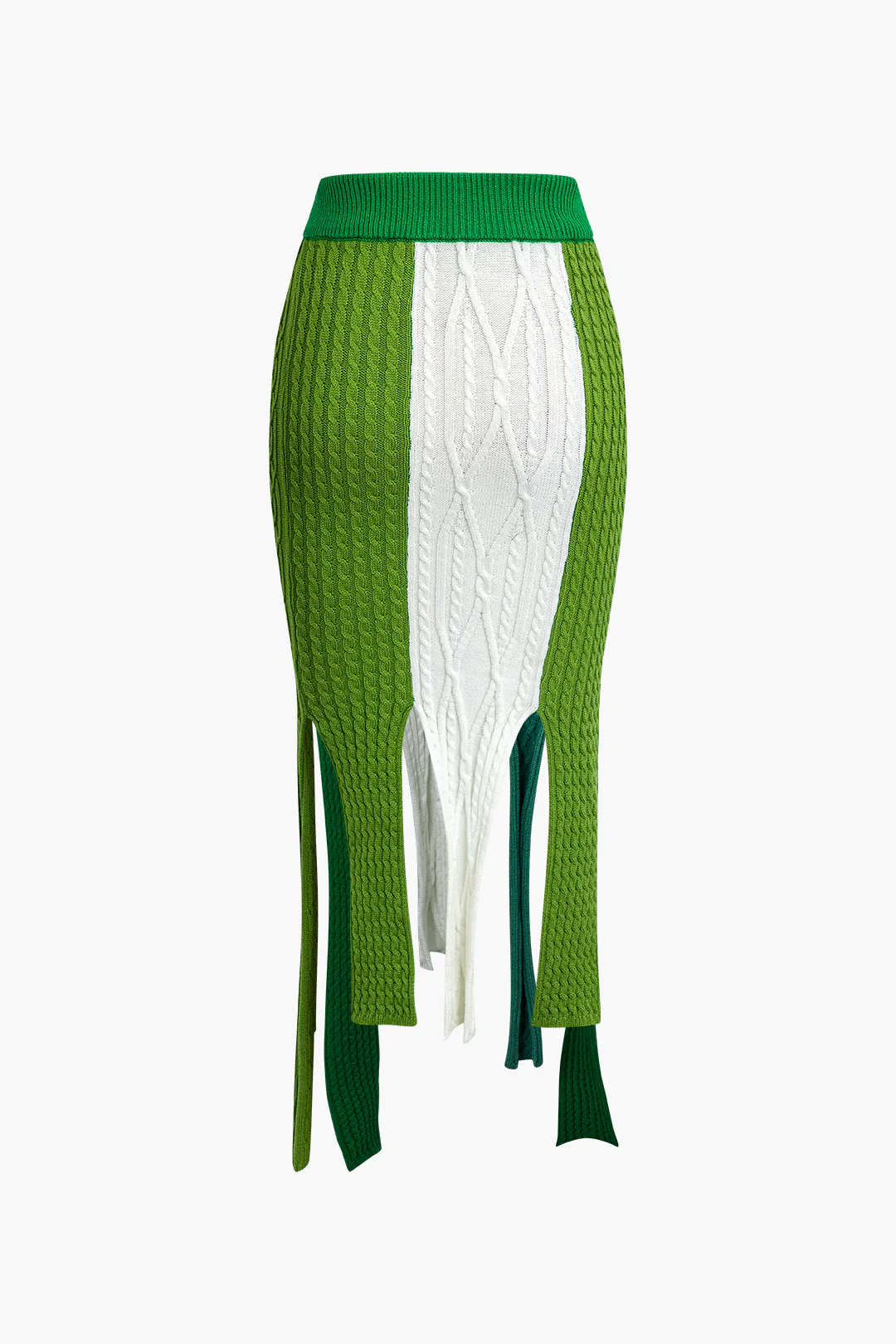 Contrasting Fringe-Trimmed Knit Mid-Length Skirt