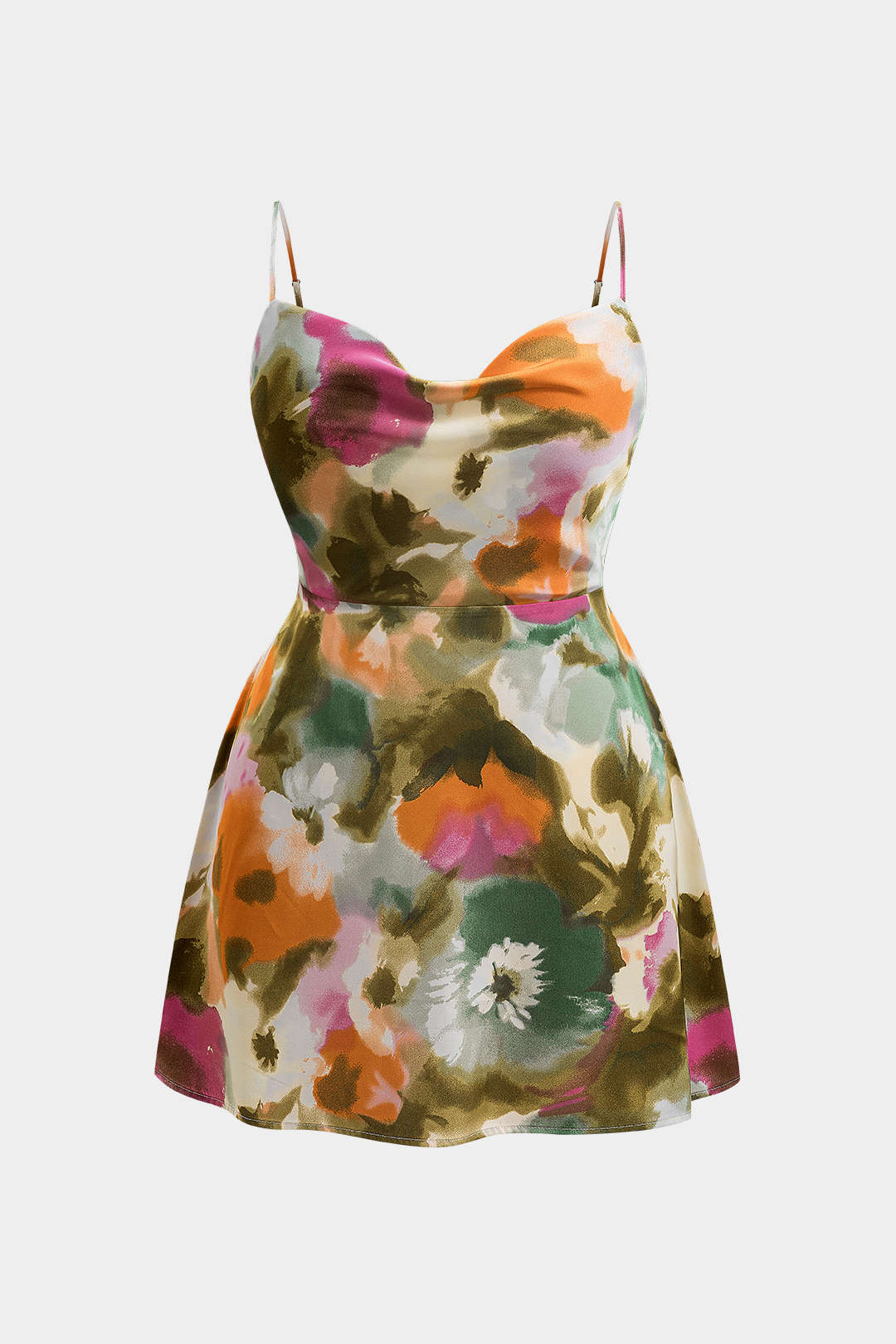 Plus Size Floral Print Satin Ruched Slip Mini Dress