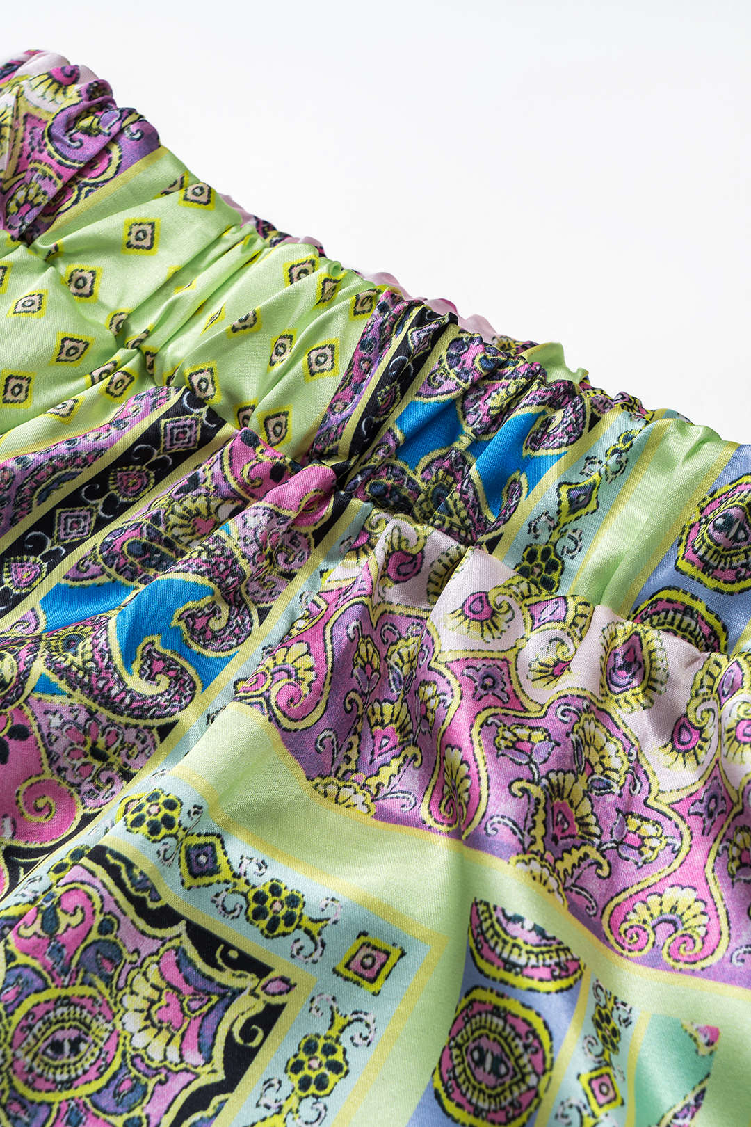 Satin Ruched Slip Mini Dress and Paisley Print Wide Leg Trousers Ensemble