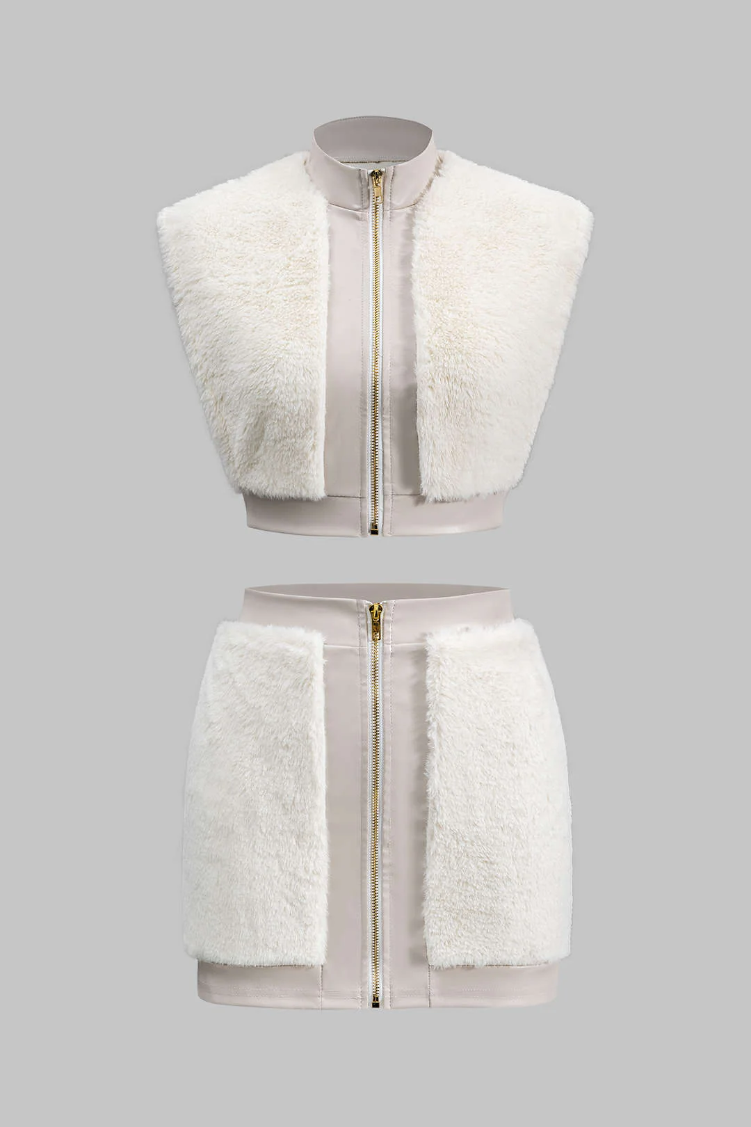 Faux Leather and Fur Patchwork Skirt Set