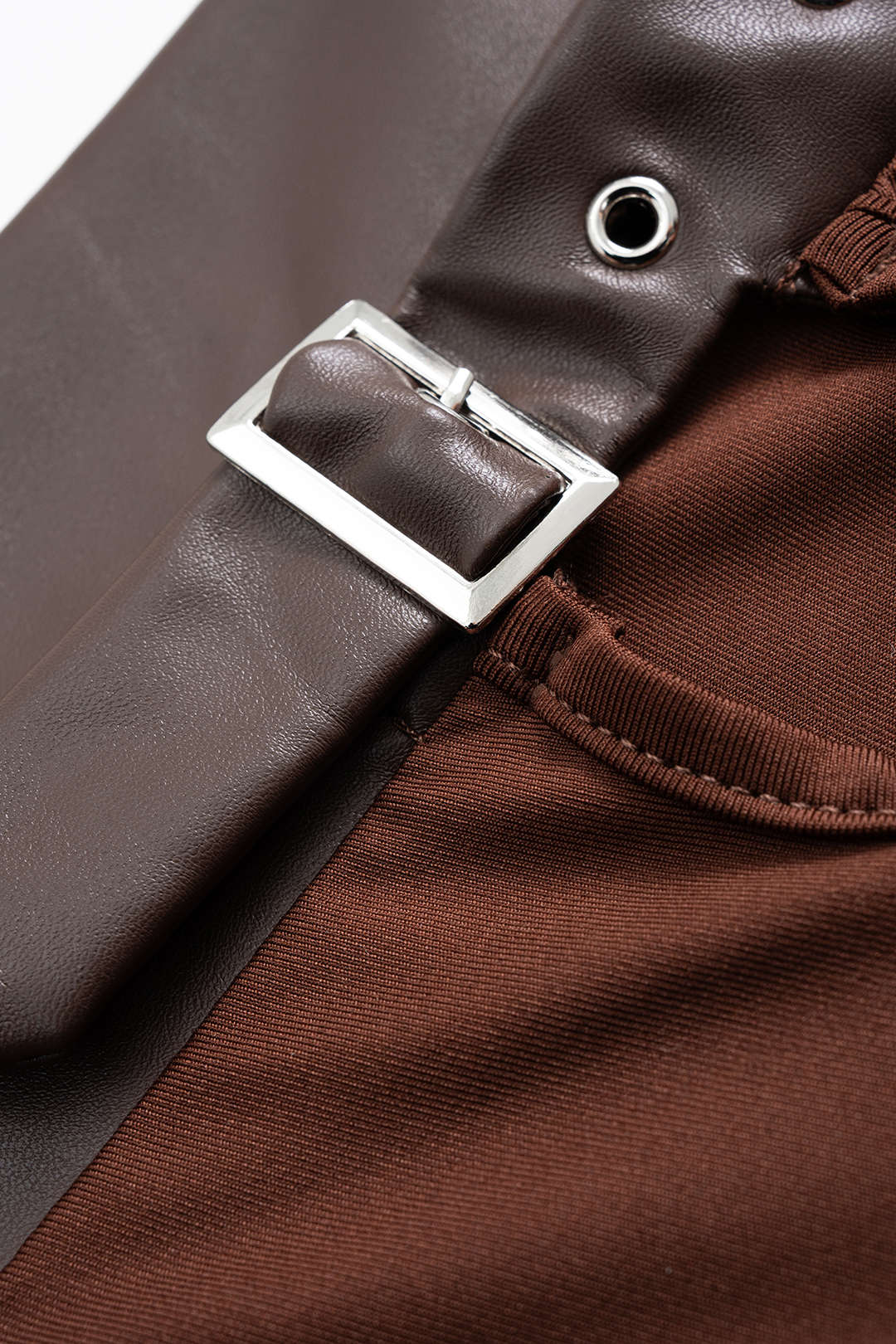 Off-the-Shoulder Faux Leather Patchwork Cut-Out Long-Sleeve Top