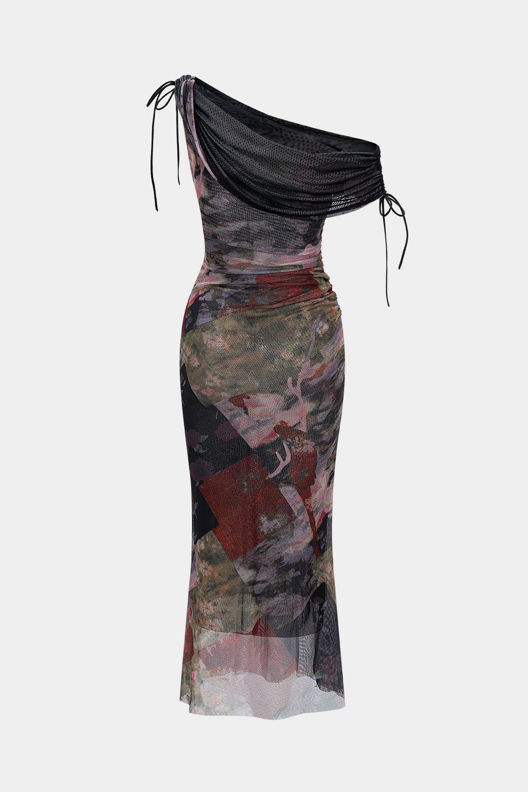 Abstract Print Mesh Asymmetrical Draped Cowl Neck Sleeveless Long Dress
