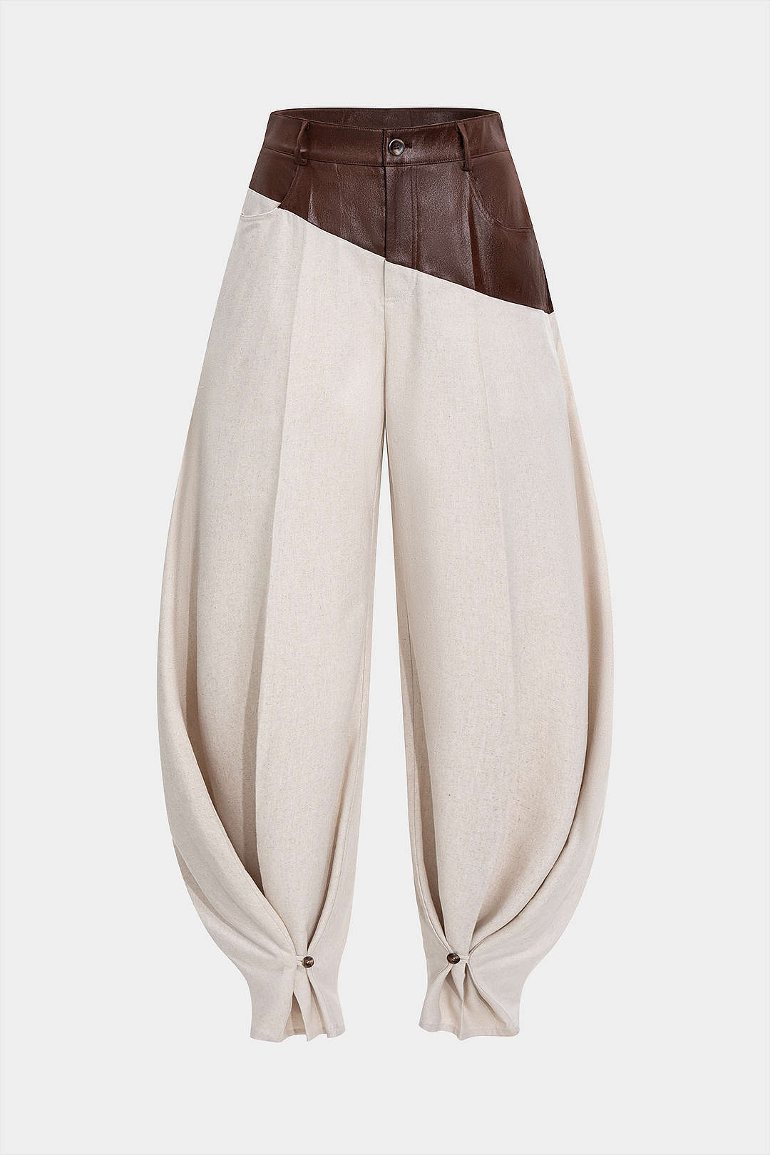 Faux Leather Ruched Patchwork Barrel Pants