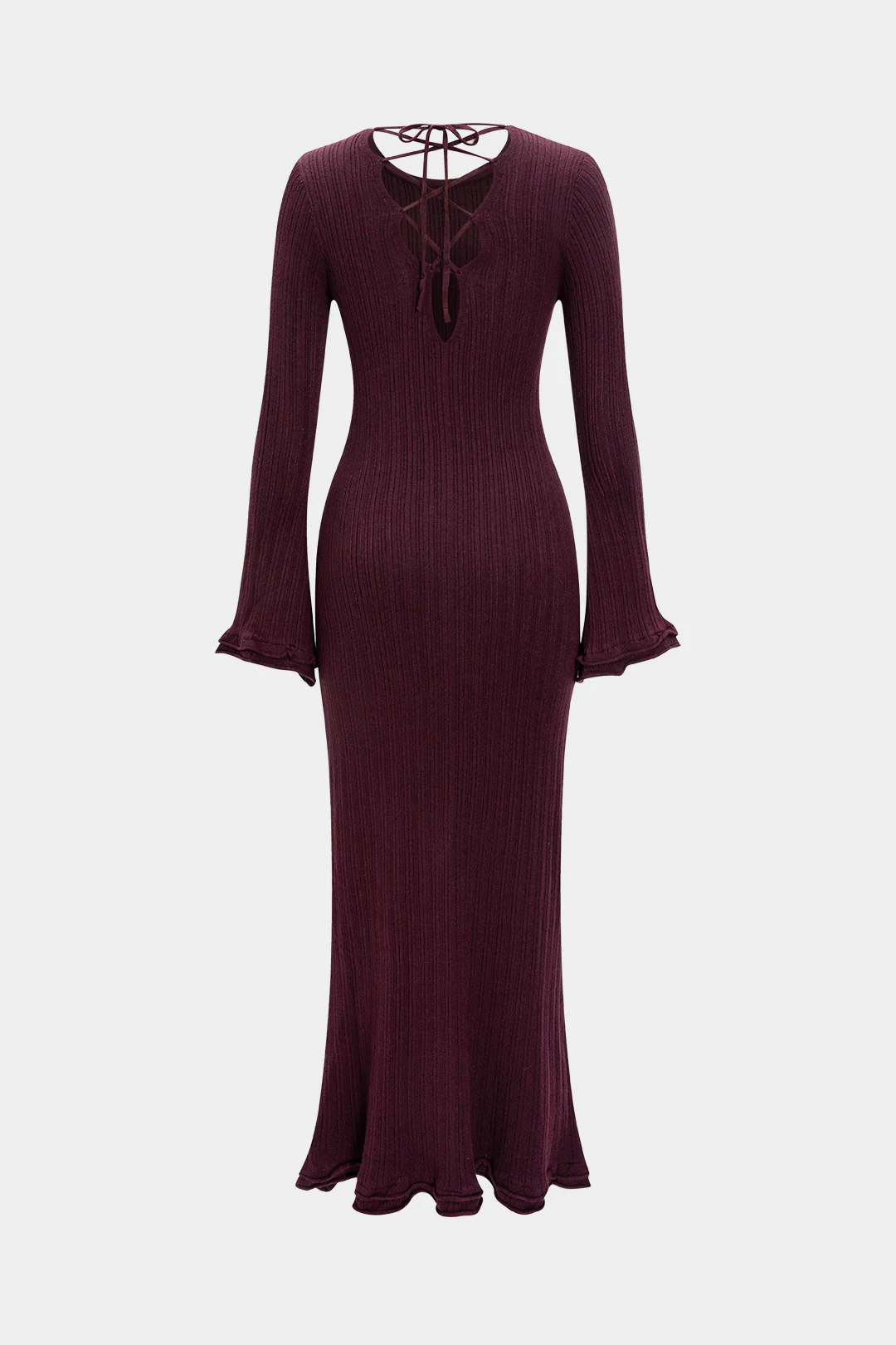 Knit Round Neck Tie-Back Scalloped Edge Long-Sleeve Dress