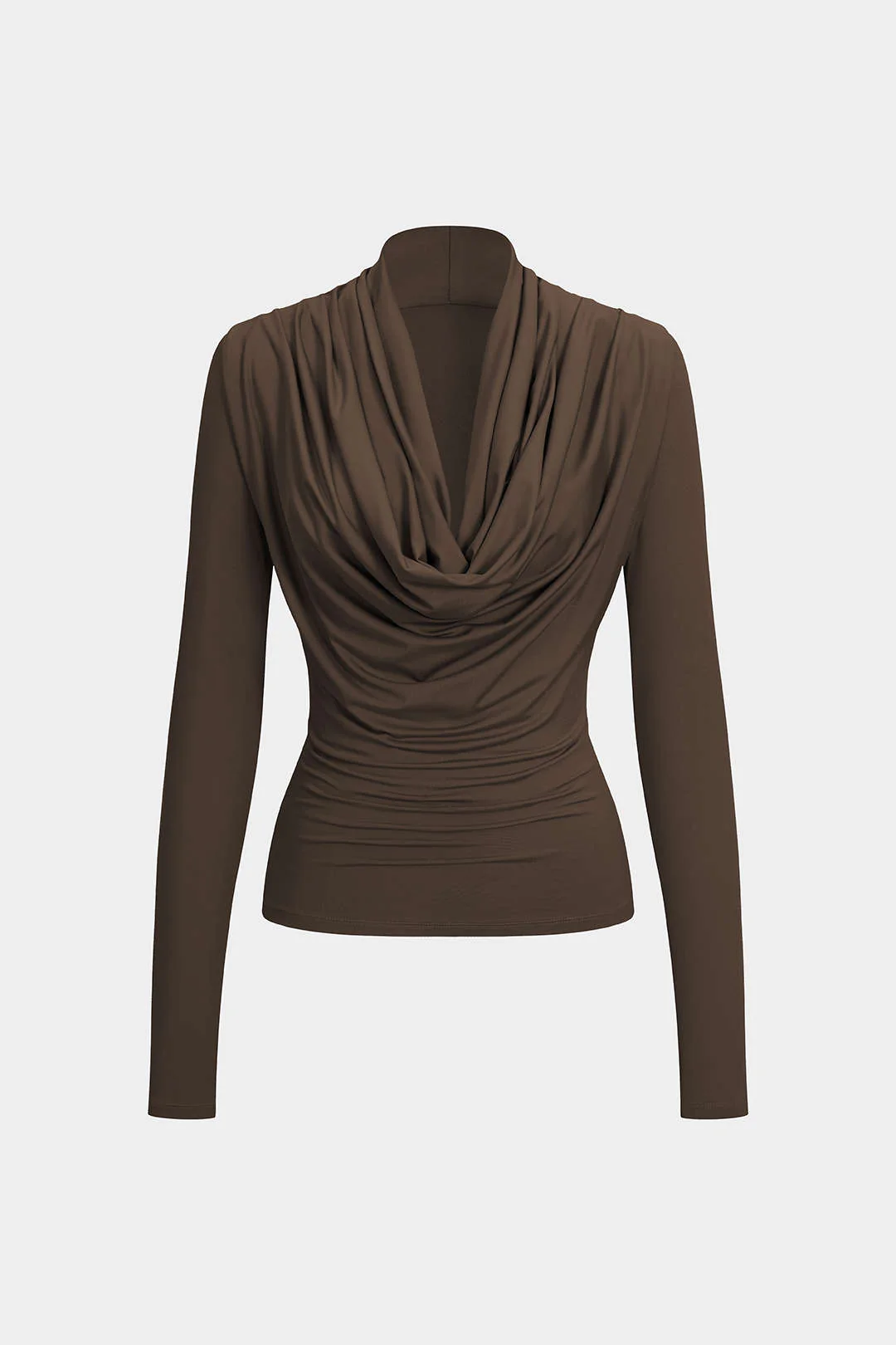 Ruched Draped Cowl Neck Long-Sleeve Top